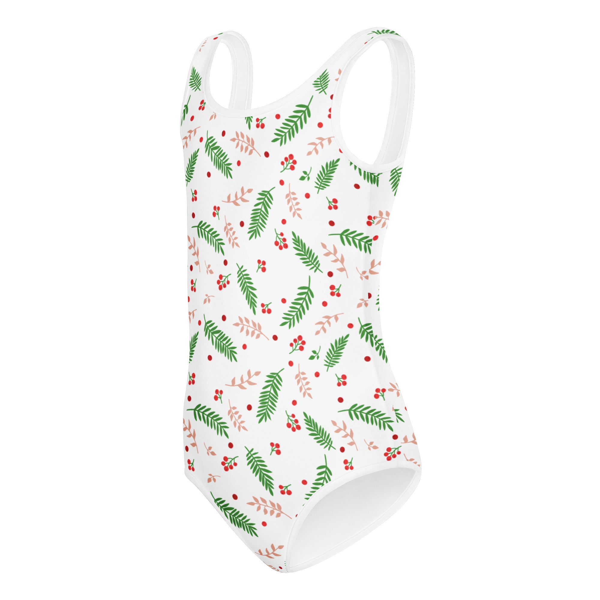 White girls holiday holly buttery soft leotard with green and blush-pink leaf pattern and red berries for dance and gymnastics