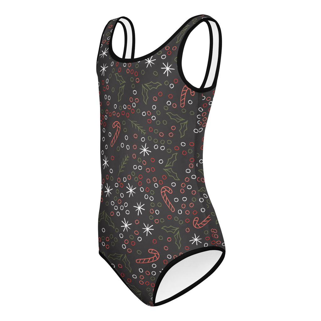 Girls gray christmas candy cane buttery soft one-piece swimsuit with festive holiday design for dance and gymnastics