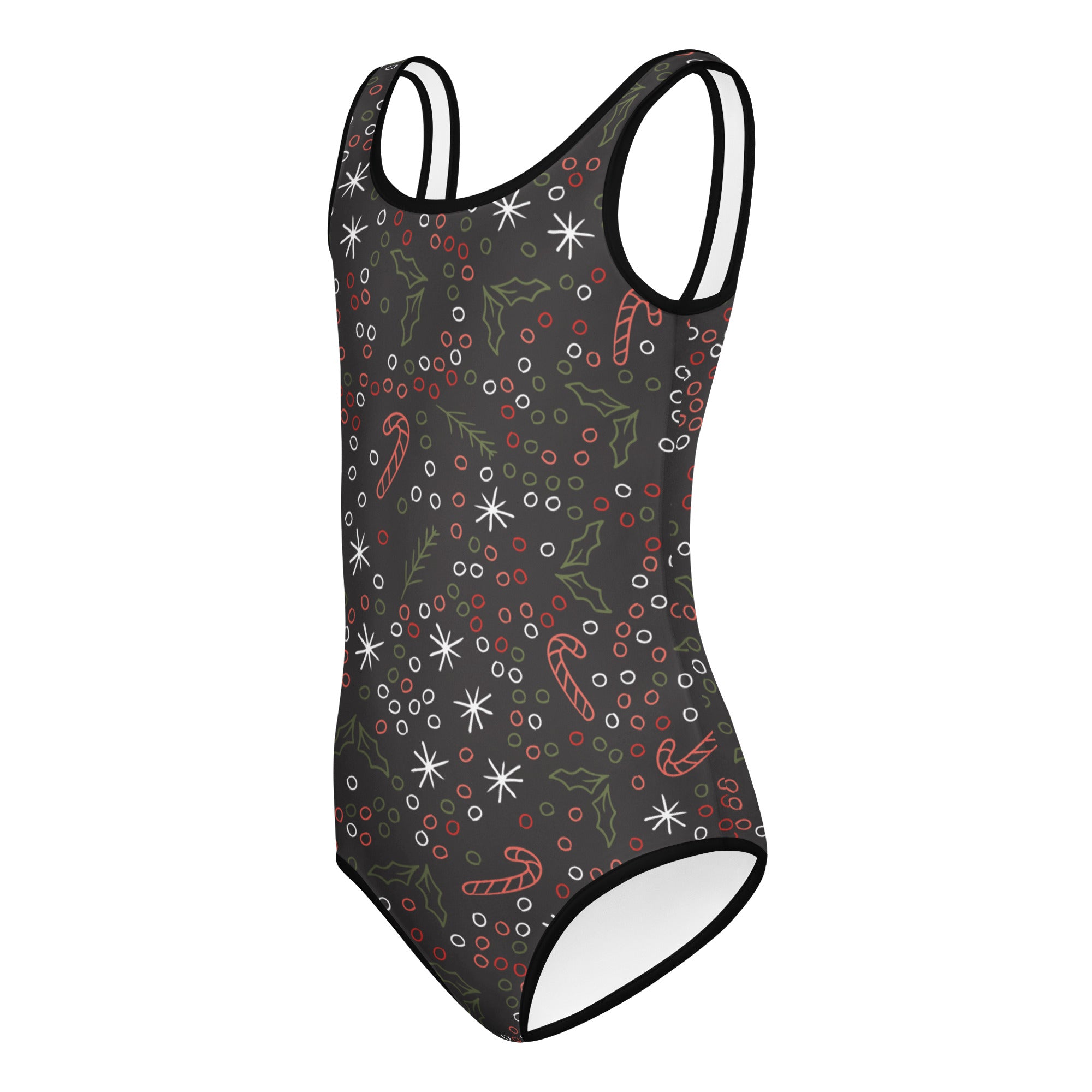 Girls gray christmas candy cane buttery soft one-piece swimsuit with festive holiday design for dance and gymnastics