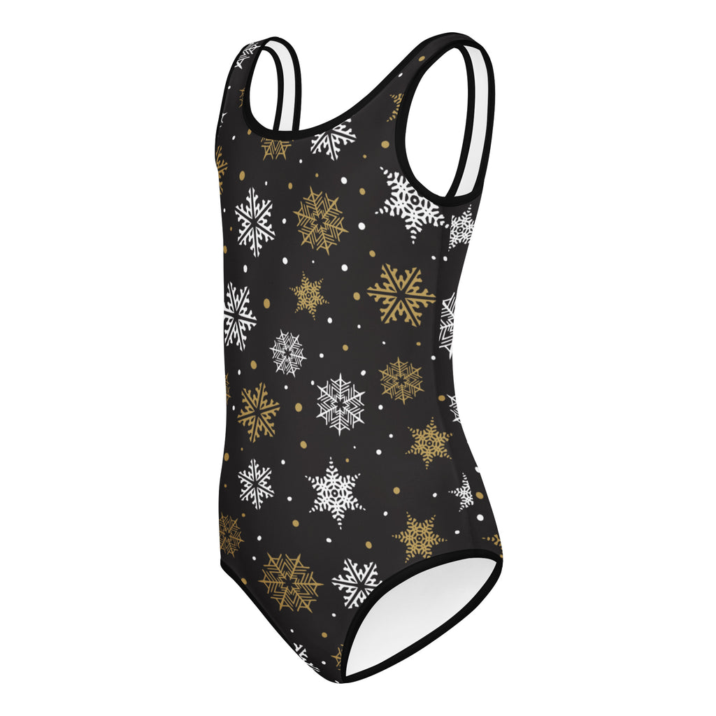 Girls gold snowflake buttery soft black one-piece swimsuit with white and gold snowflake patterns for dance and gymnastics