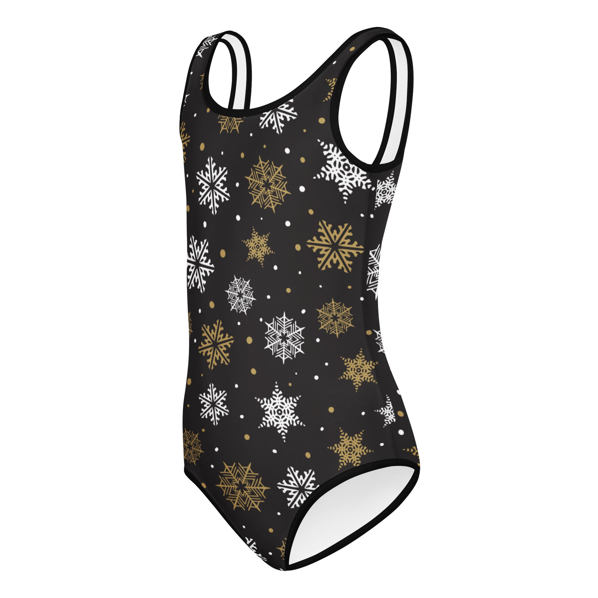 Girls gold snowflake buttery soft black one-piece swimsuit with white and gold snowflake patterns for dance and gymnastics
