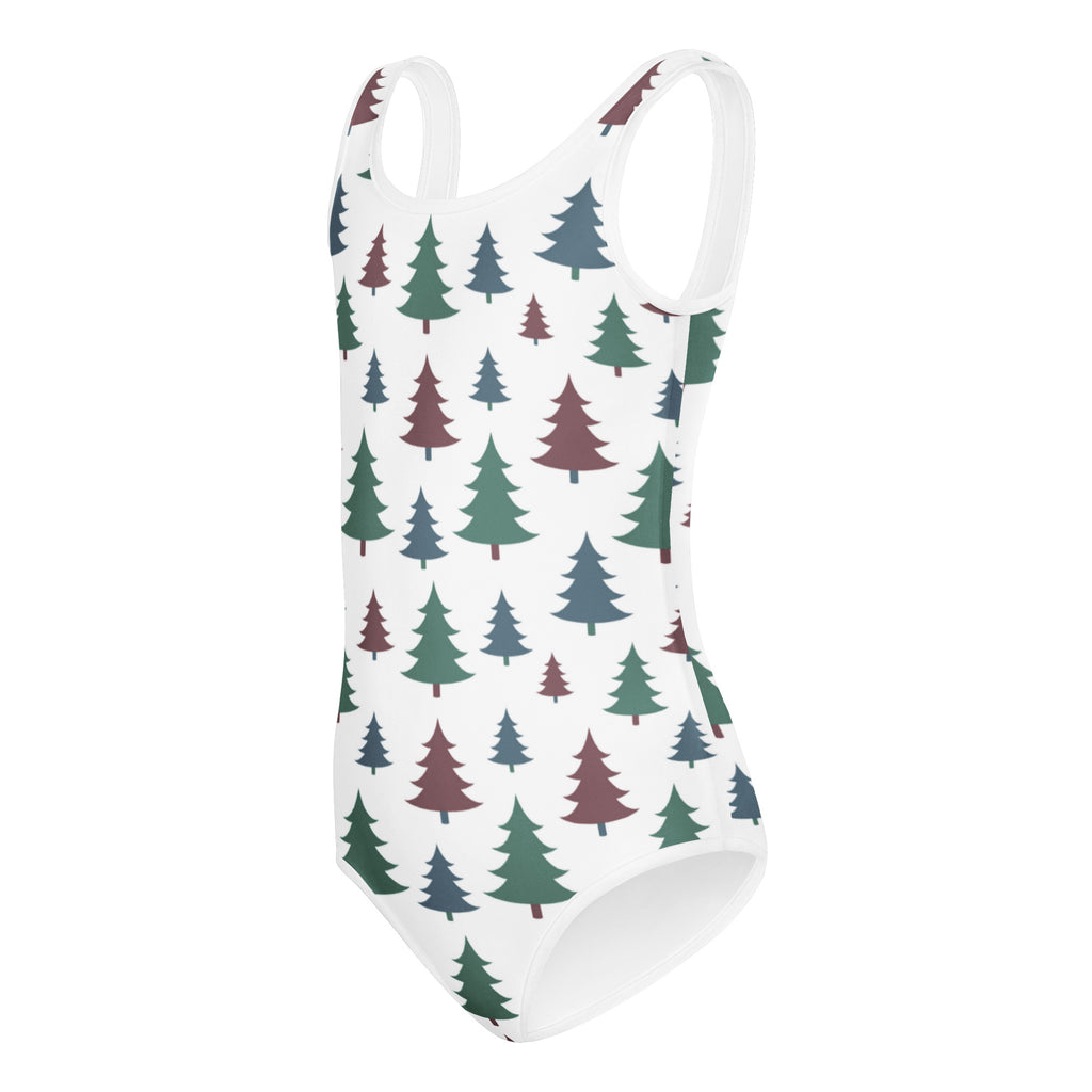 White girls Christmas tree buttery soft leotard with green and maroon pine tree pattern quick drying for dance