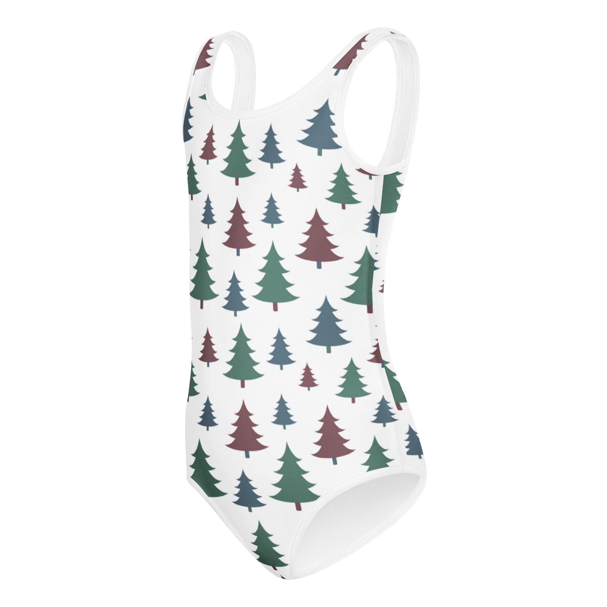 White girls Christmas tree buttery soft leotard with green and maroon pine tree pattern quick drying for dance