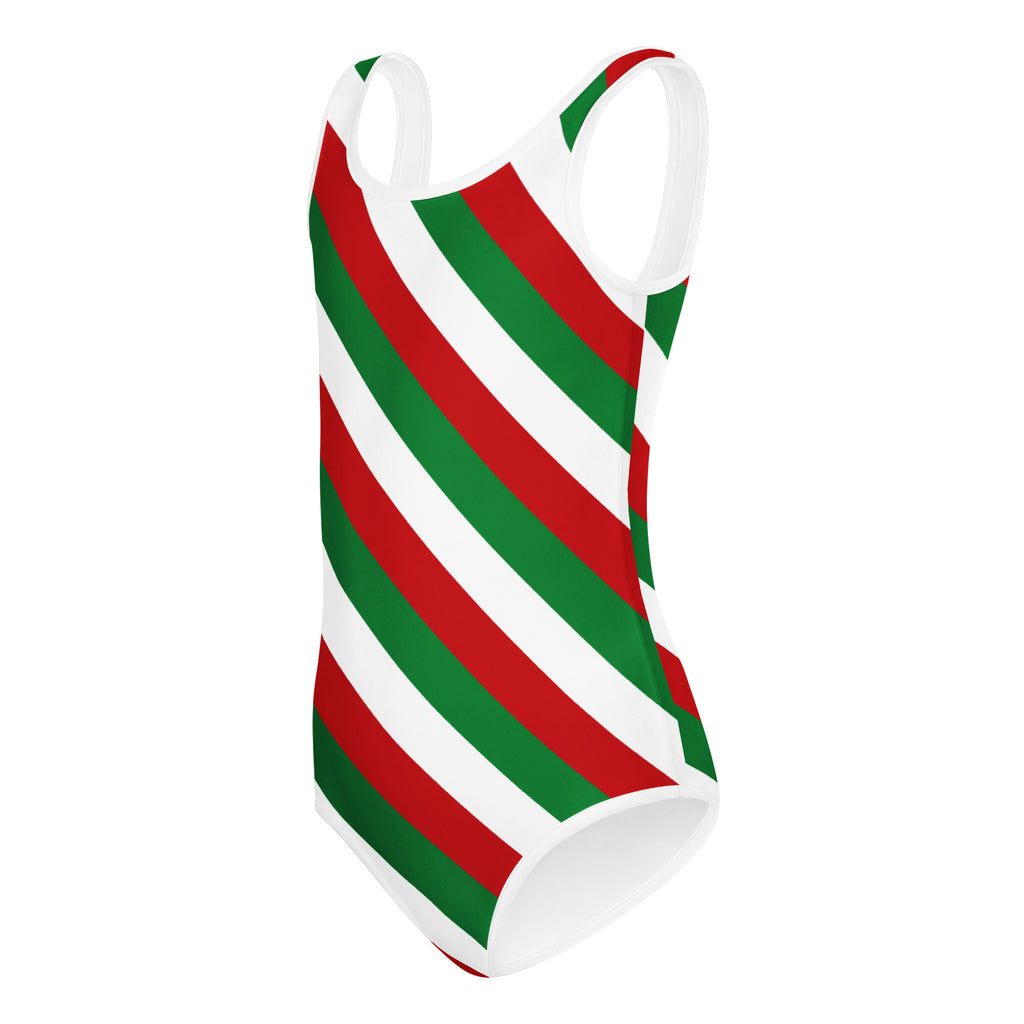 Girls festive candy cane stripe buttery soft one-piece swimsuit with bold red green and white diagonal stripes for dance and gymnastics