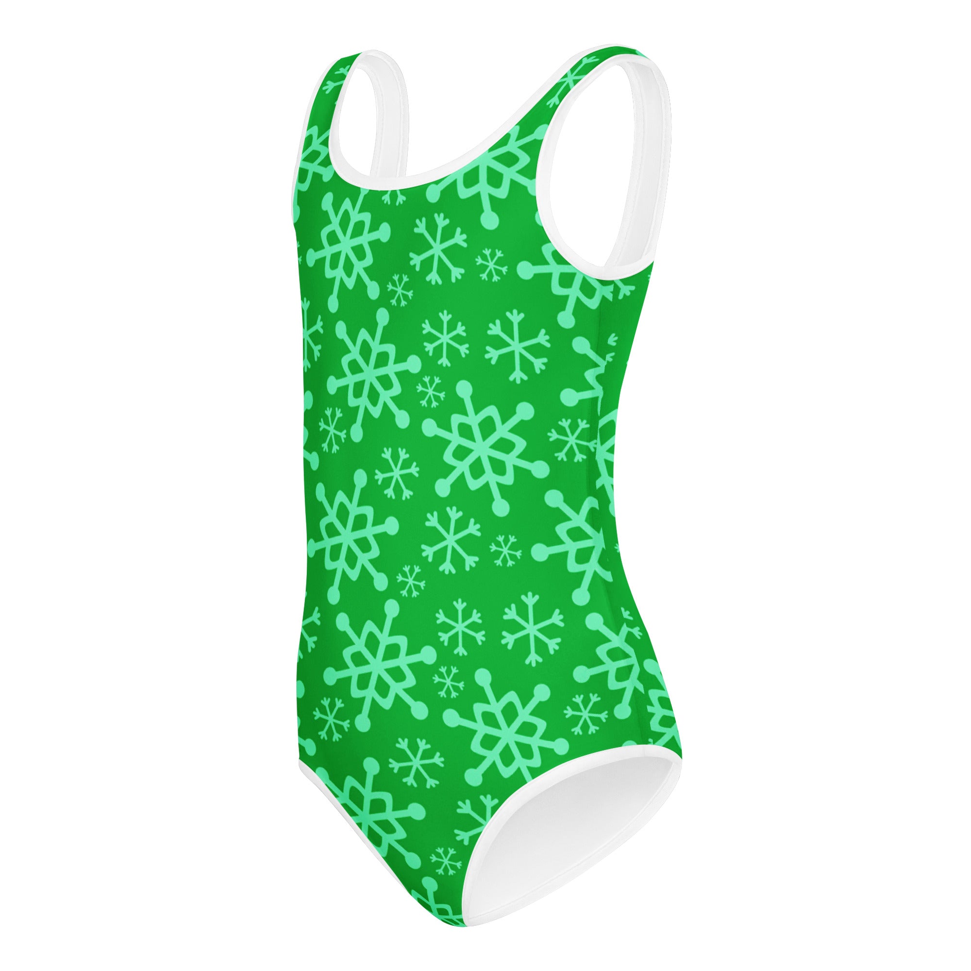 Girls green snowflakes buttery soft one-piece swimsuit with white trim quick drying for dance and gymnastics