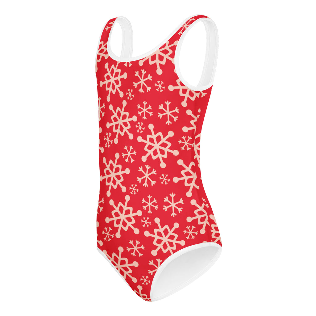 Girls red buttery soft leotard with white snowflake pattern and trim quick drying for dance and gymnastics