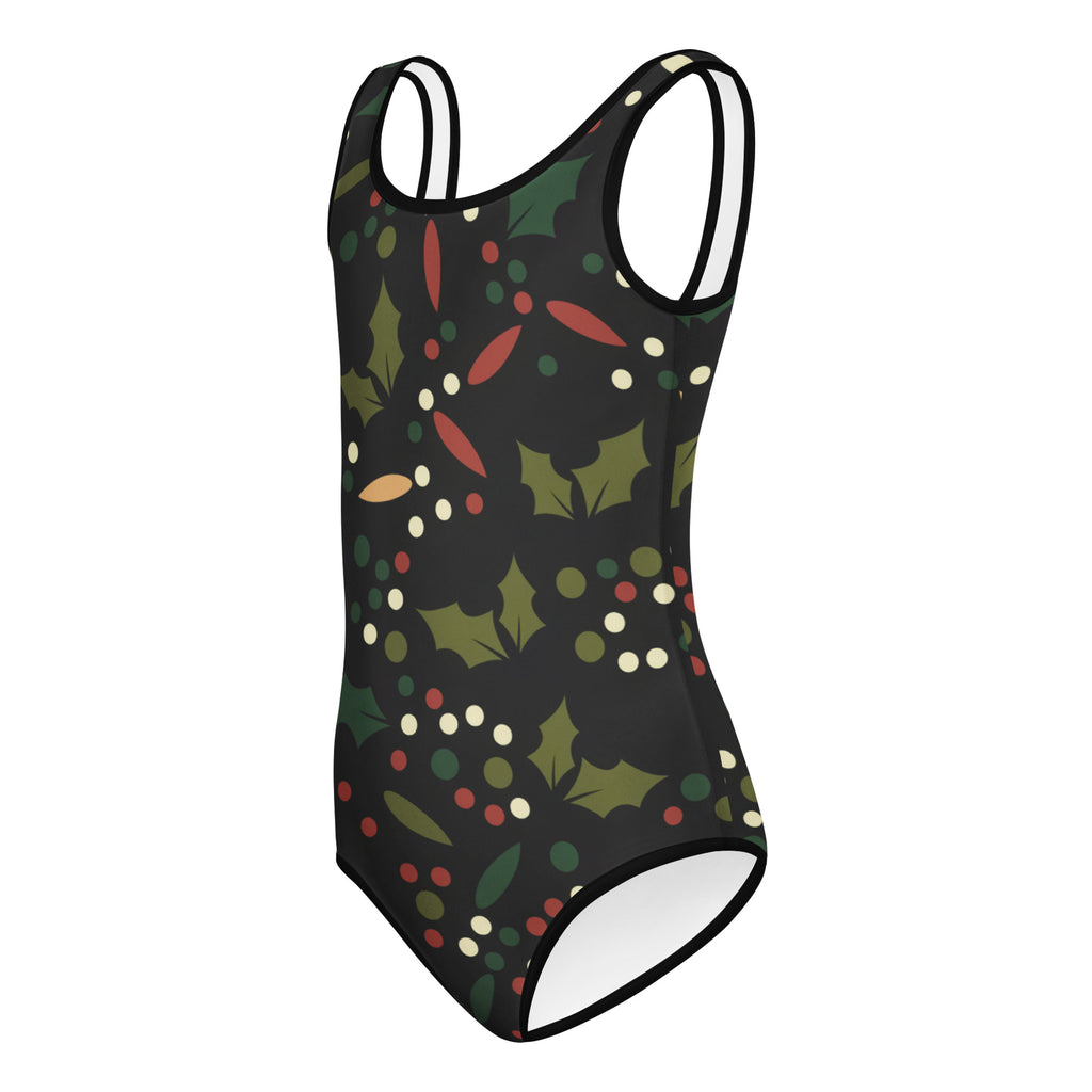 Black girls holly berry christmas buttery soft quick drying leotard with festive green red and white holly pattern