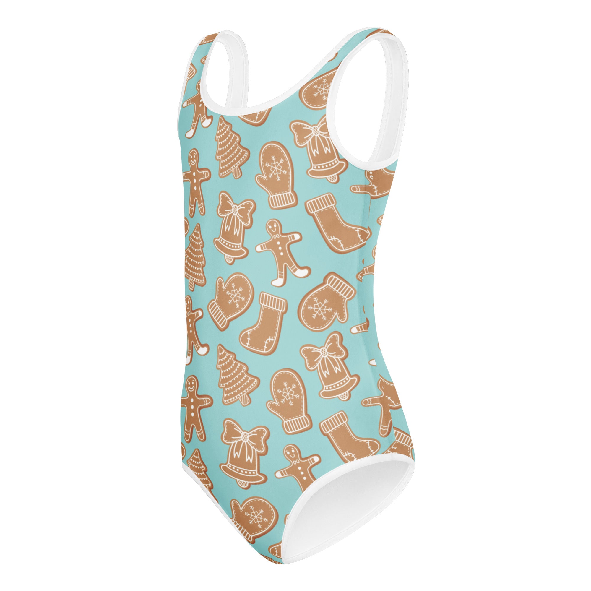 Turquoise girls gingerbread cookie buttery soft one-piece swimsuit with white trim and festive holiday pattern for dance and gymnastics