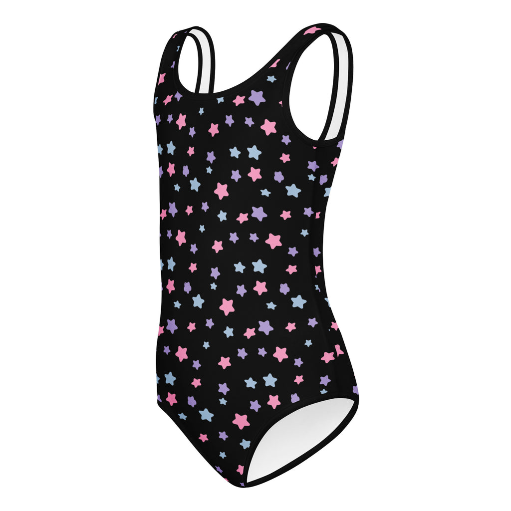 Girls pastel star buttery soft black leotard with thin white straps and pastel stars quick drying for dance