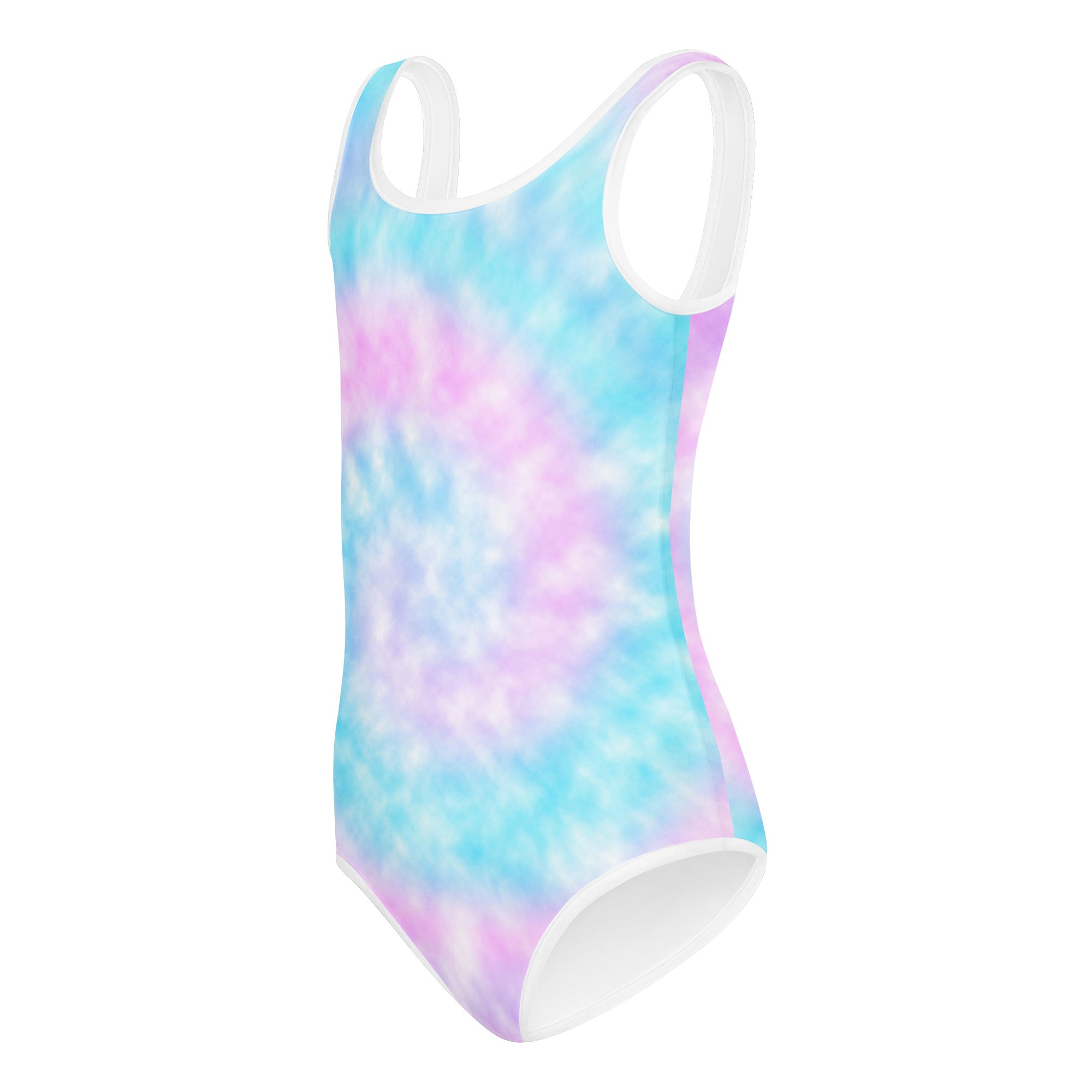 Girls faux tie dye pastel one-piece swimsuit with white trim buttery soft quick drying for dance and gymnastics
