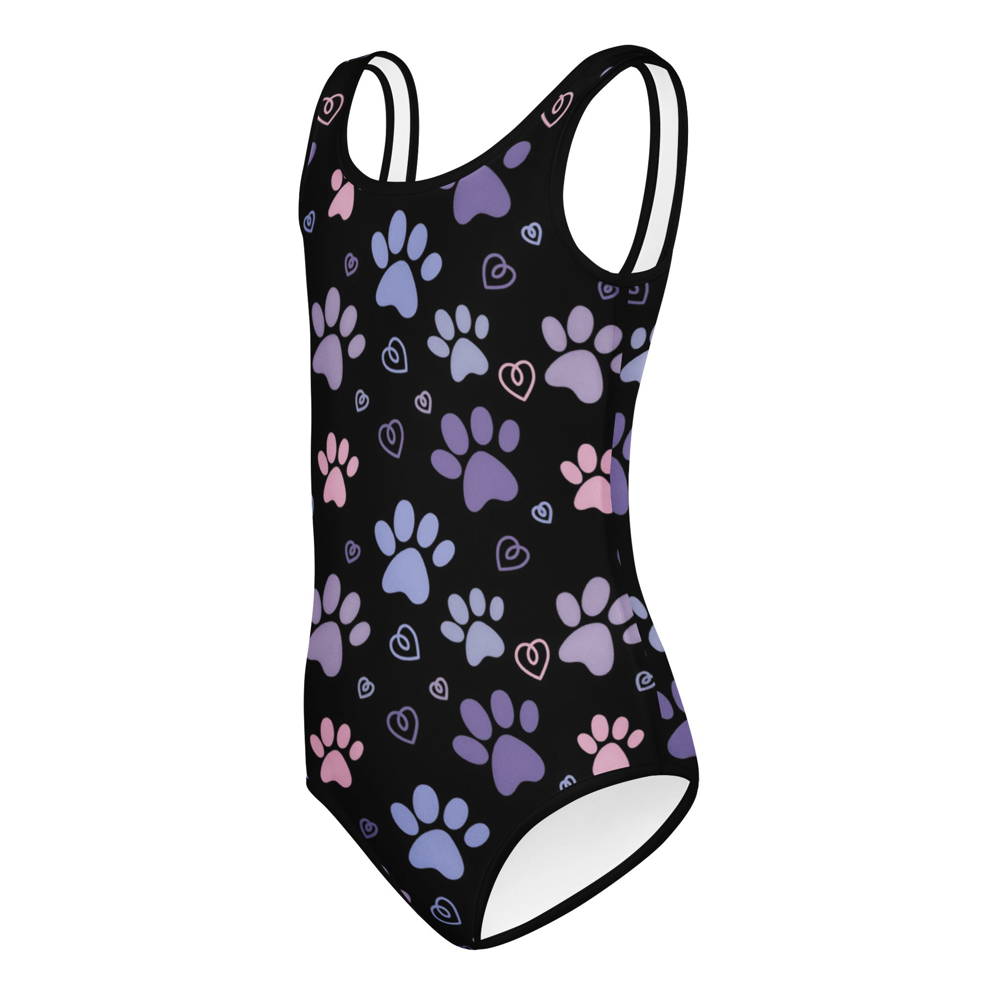 Black girls paw print buttery soft quick drying leotard with purple blue pink paw prints and hearts for dance and gymnastics