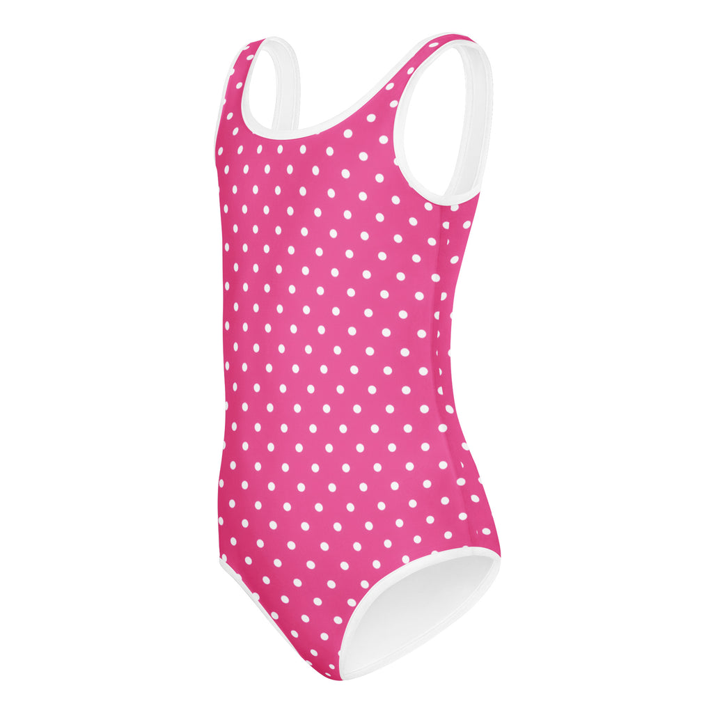 Girls pink polka dots buttery soft quick drying leotard with white trim for dance and gymnastics