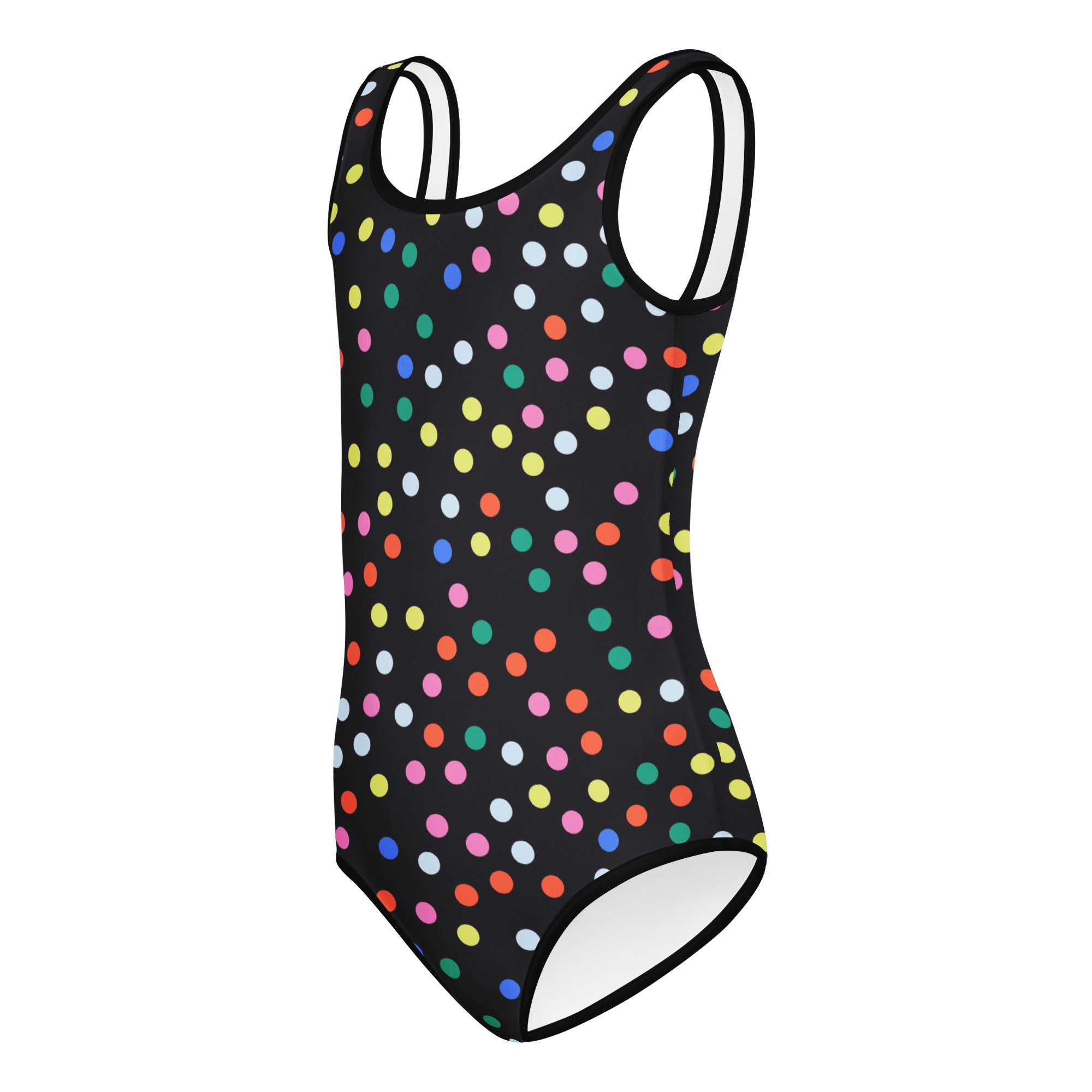 Black girls one-piece swimsuit with rainbow polka dots white trim buttery soft quick drying for dance and gymnastics