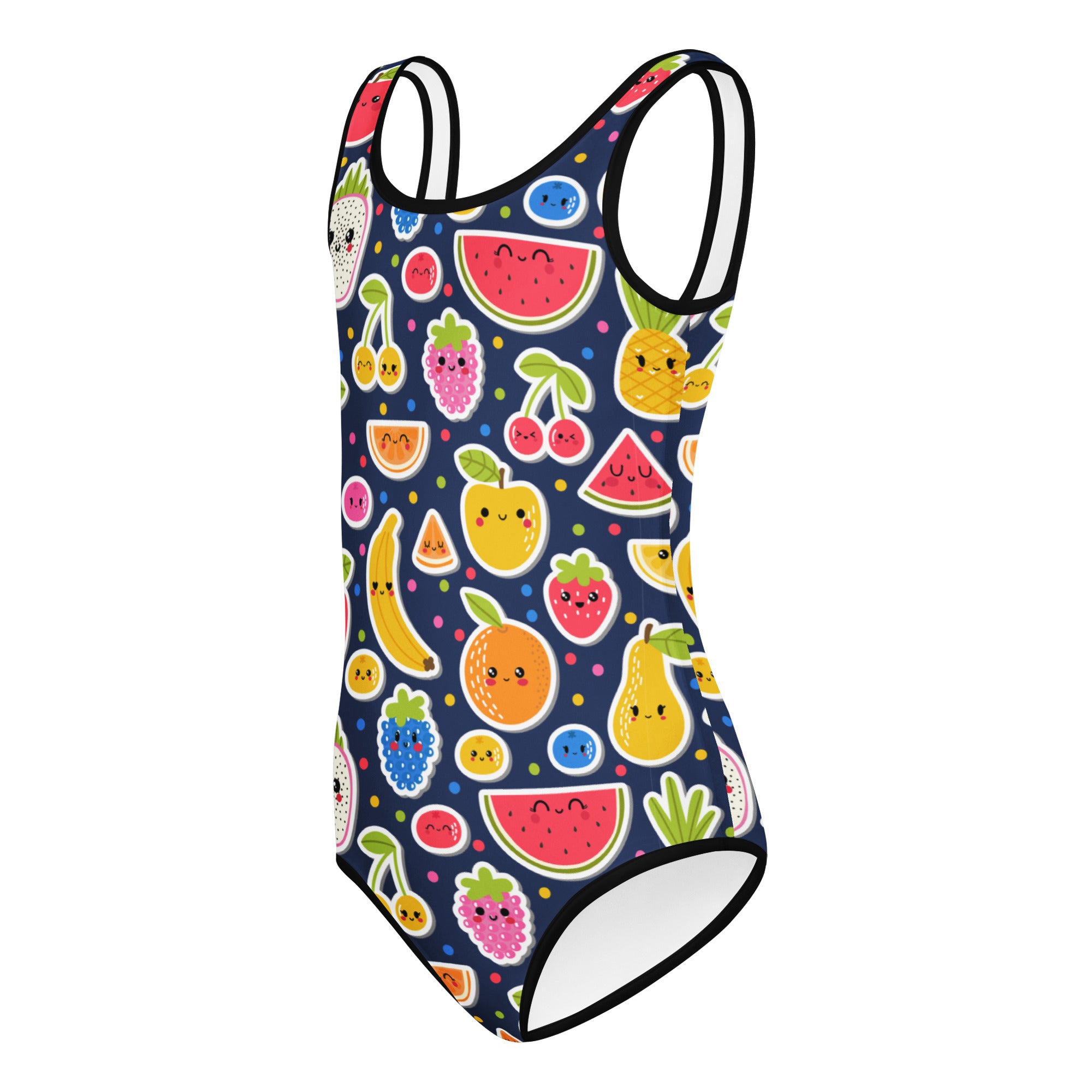 Navy blue girls emoji fruit buttery soft leotard with colorful cartoon fruits quick drying for dance and gymnastics