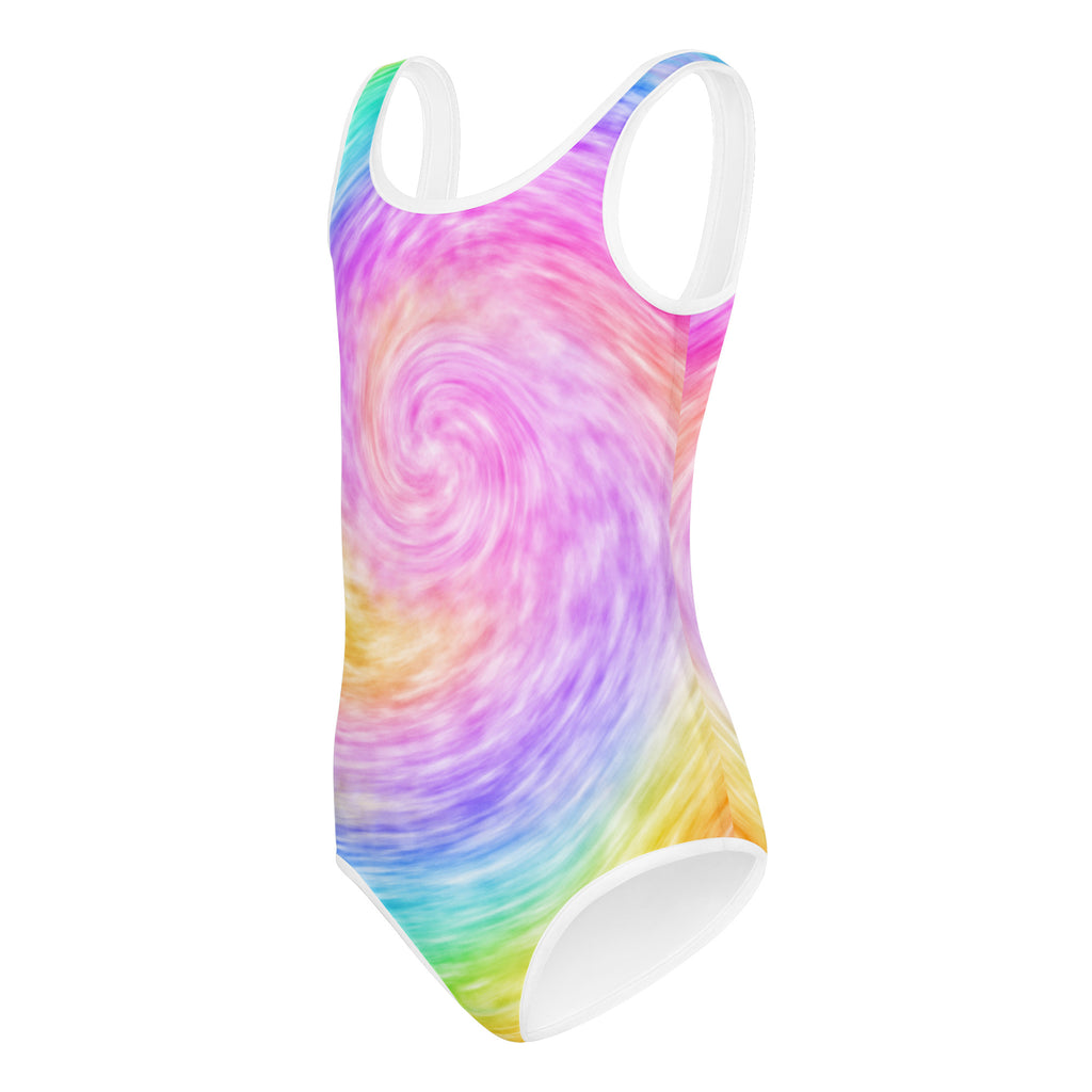 Girls rainbow tie dye buttery soft leotard with quick drying fabric and white trim on shoulders and leg openings