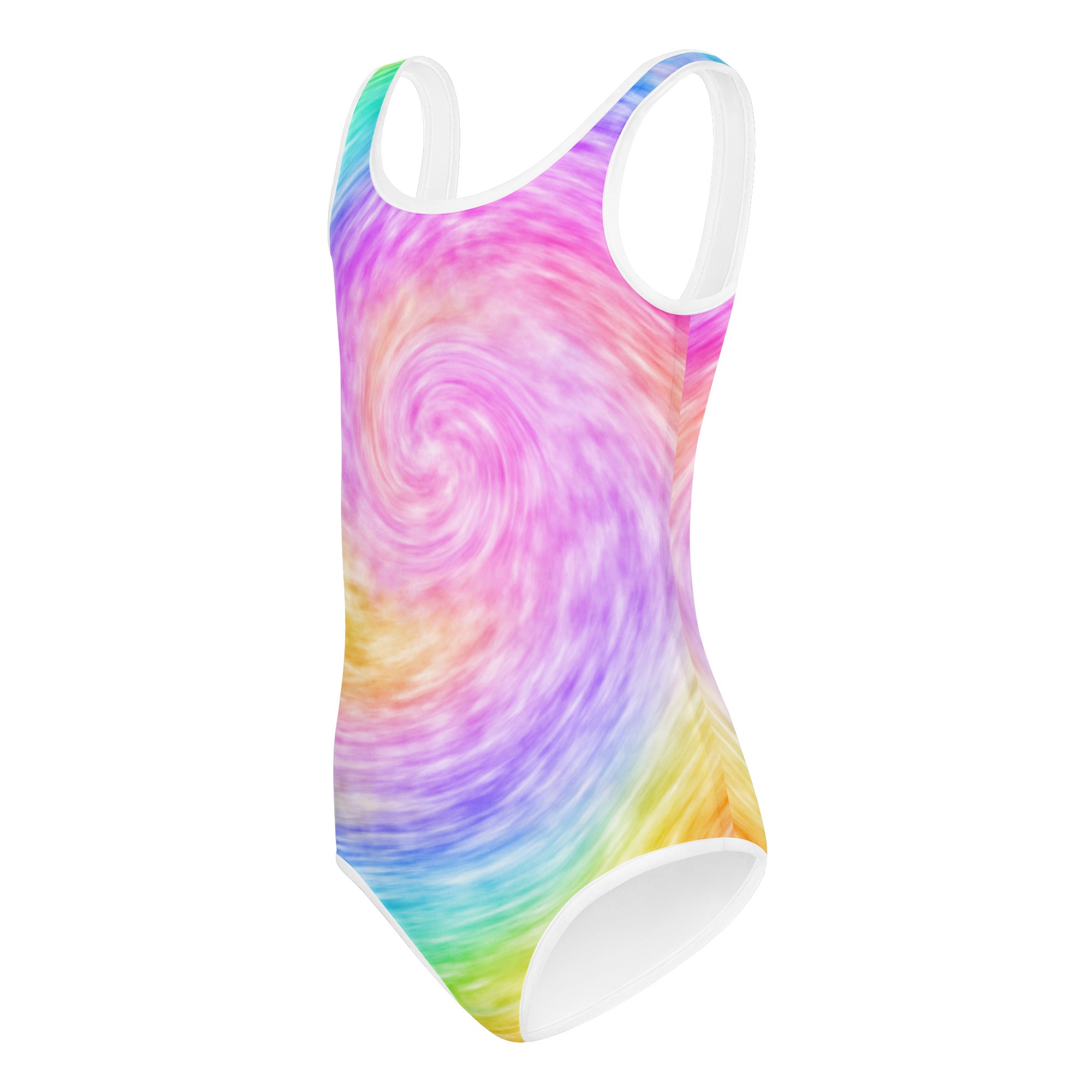 Girls rainbow tie dye buttery soft leotard with quick drying fabric and white trim on shoulders and leg openings