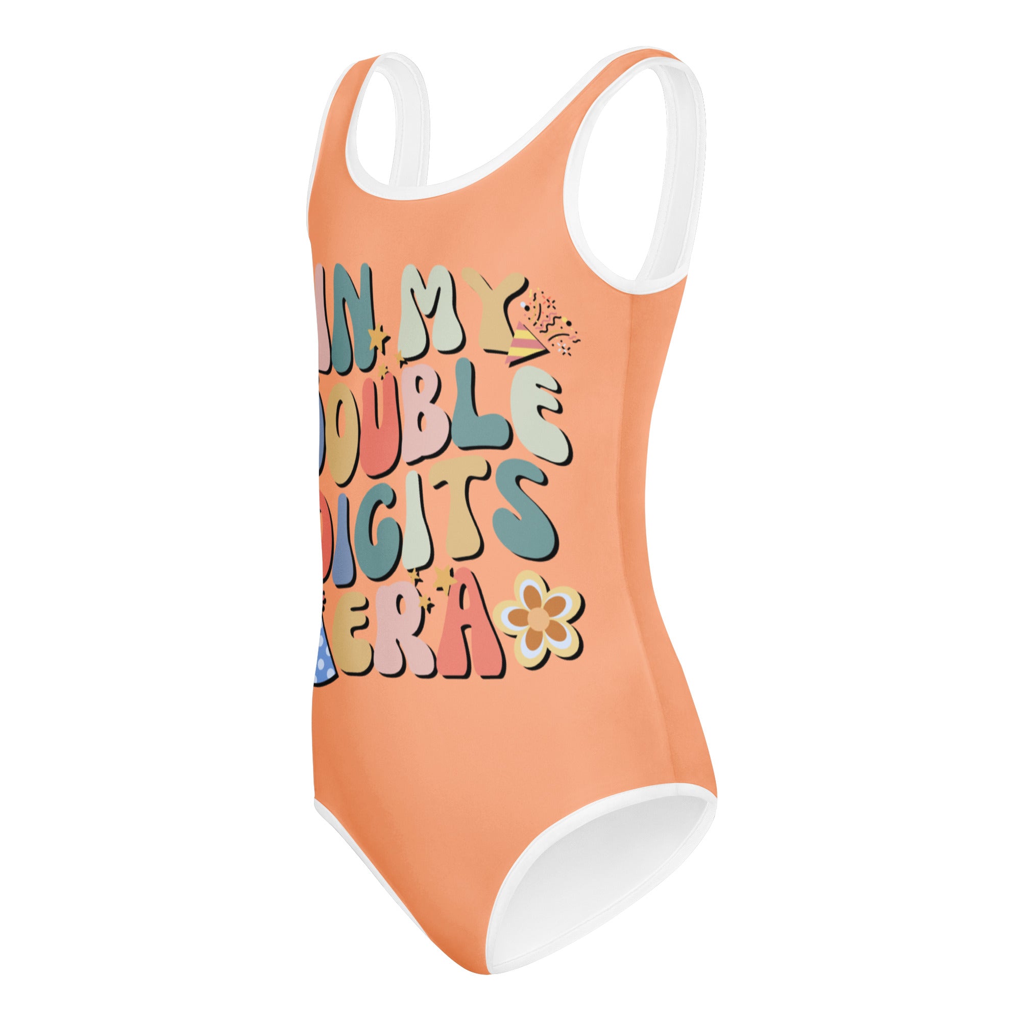 A vibrant peach girls buttery soft quick drying one-piece swimsuit with white trim and double digits era graphic design