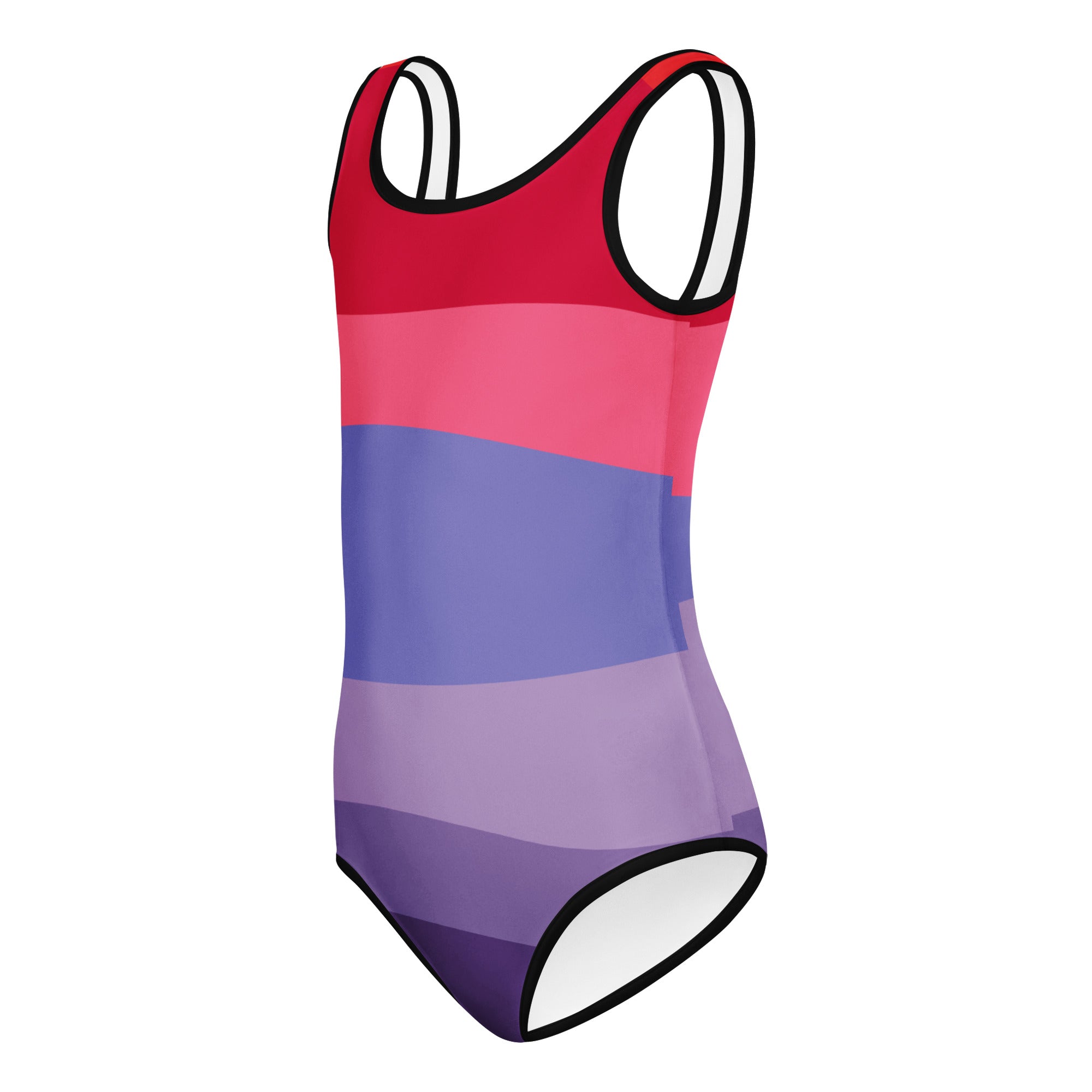 Girls multicolored waves buttery soft leotard with bold red pink purple lavender stripes and black trim for dance and gymnastics