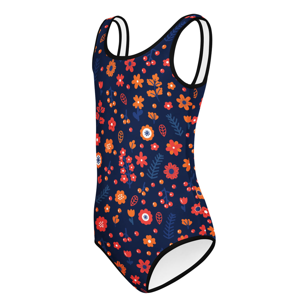 Girls navy blue floral buttery soft leotard with vibrant orange red and white blossoms quick drying for dance and gymnastics