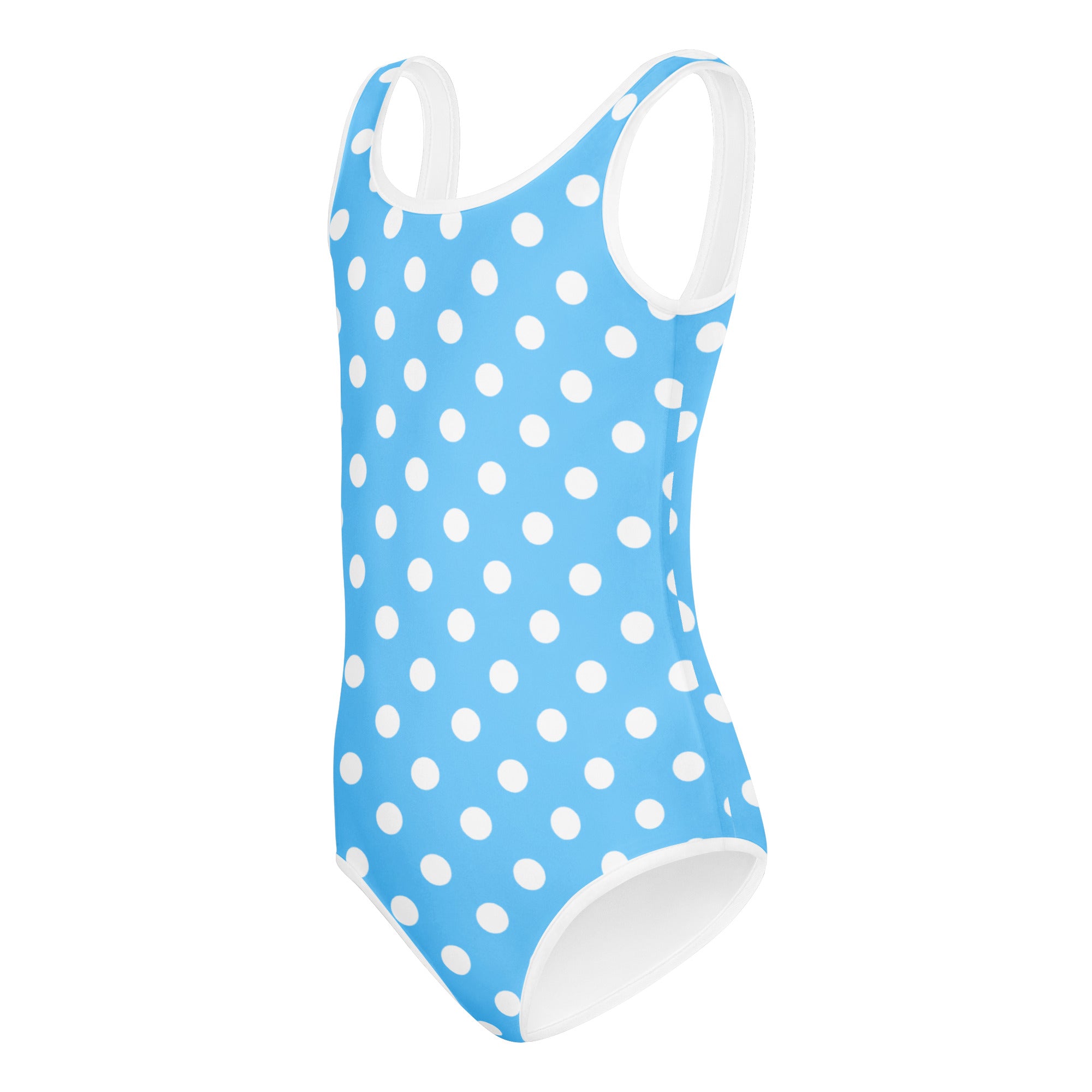 Girls blue polka dots buttery soft leotard with white trim quick drying for dance and gymnastics in light blue