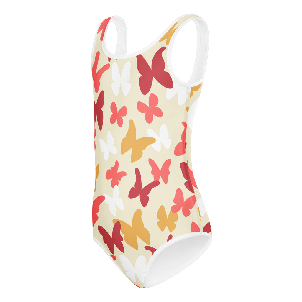 Girls autumn butterflies buttery soft one-piece swimsuit with red pink yellow butterfly pattern on cream background for dance