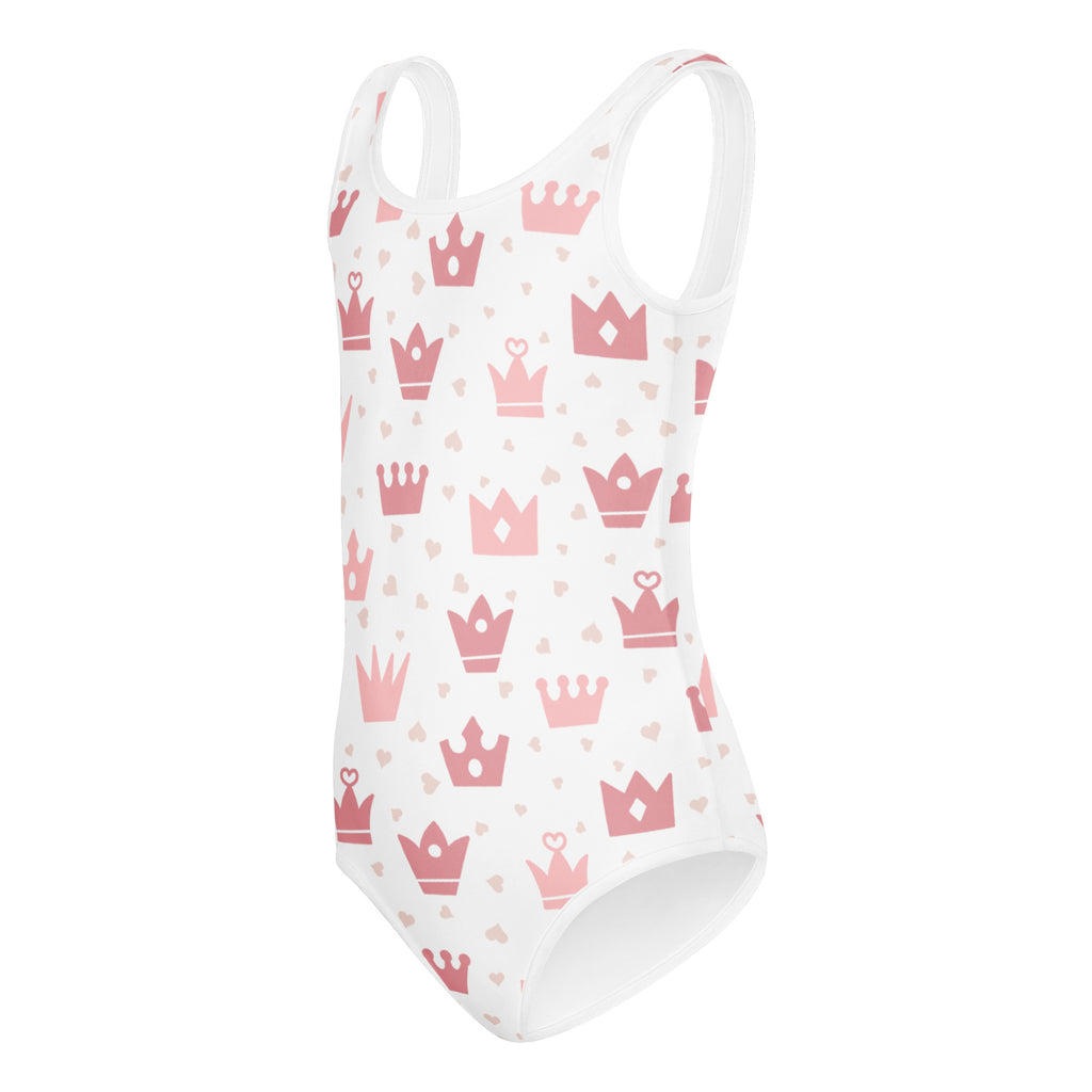 White girls one-piece leotard with pink crowns and tiny hearts in buttery soft quick-drying fabric for dance and gymnastics