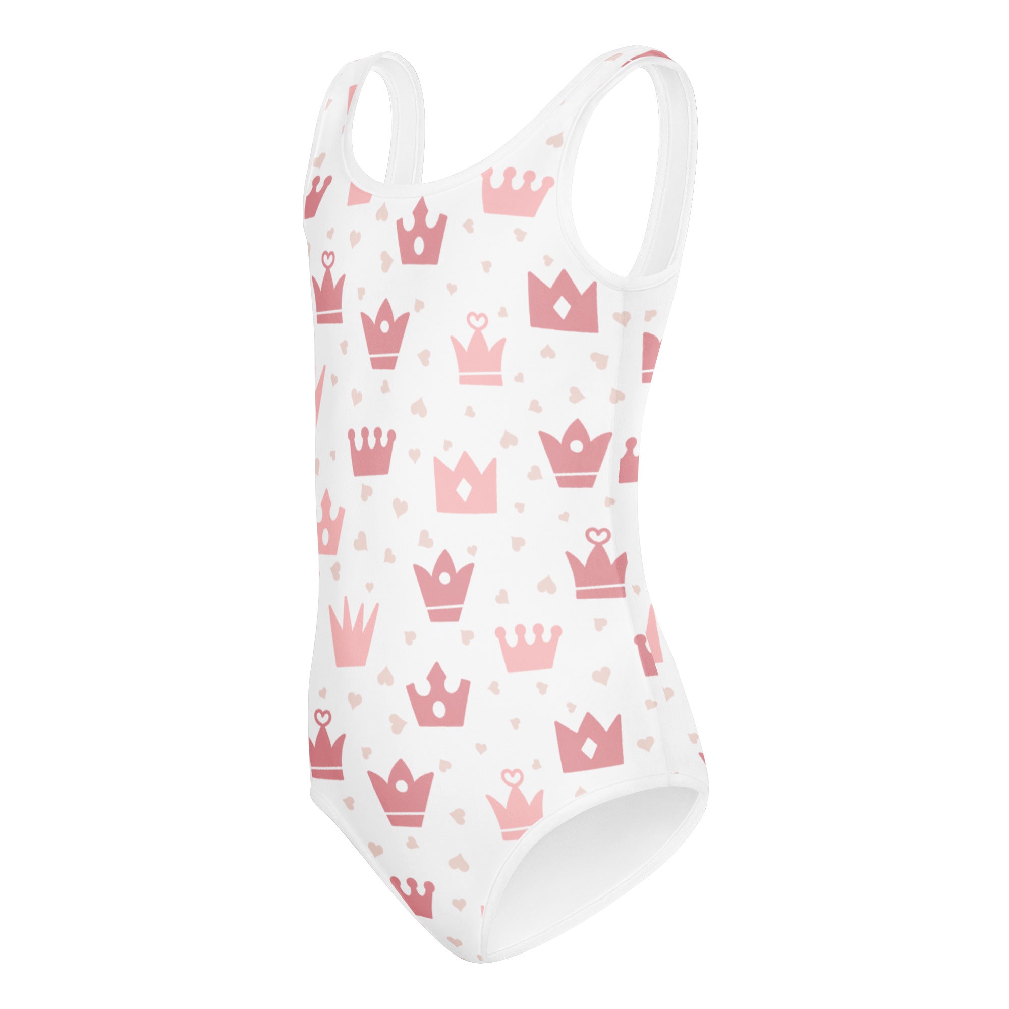White girls one-piece leotard with pink crowns and tiny hearts in buttery soft quick-drying fabric for dance and gymnastics