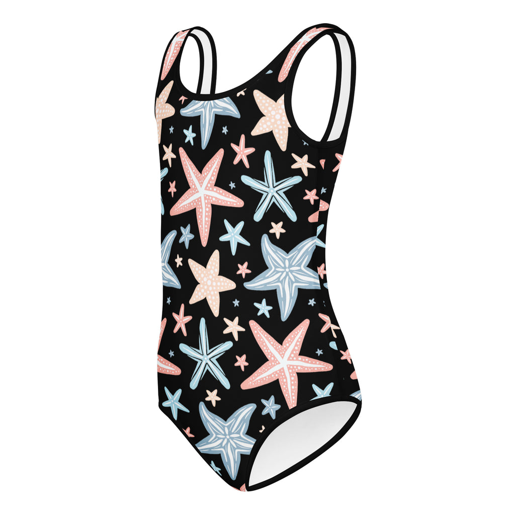 Black girls one-piece swimsuit with pastel pink and blue starfish pattern buttery soft quick drying for dance and gymnastics