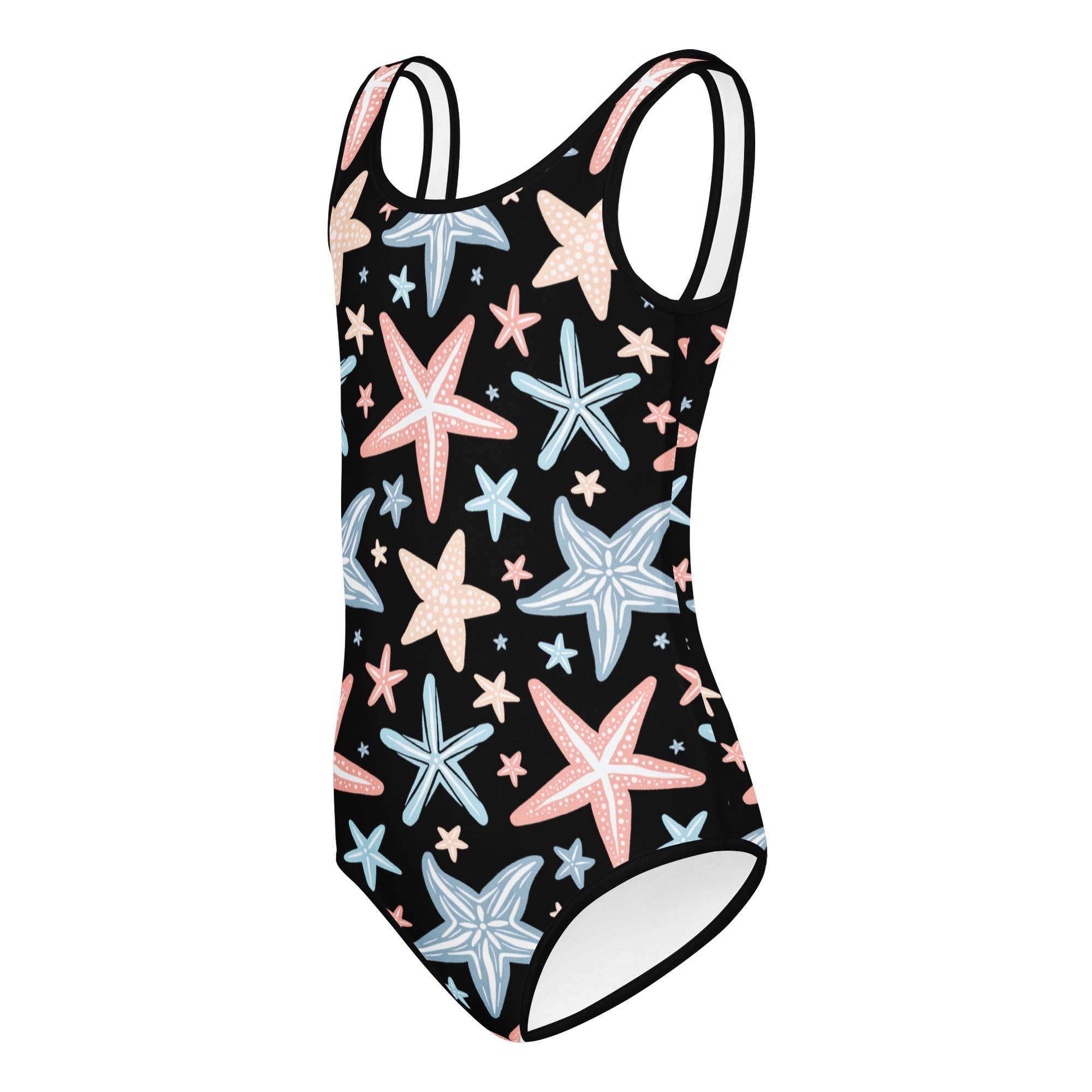 Black girls one-piece swimsuit with pastel pink and blue starfish pattern buttery soft quick drying for dance and gymnastics