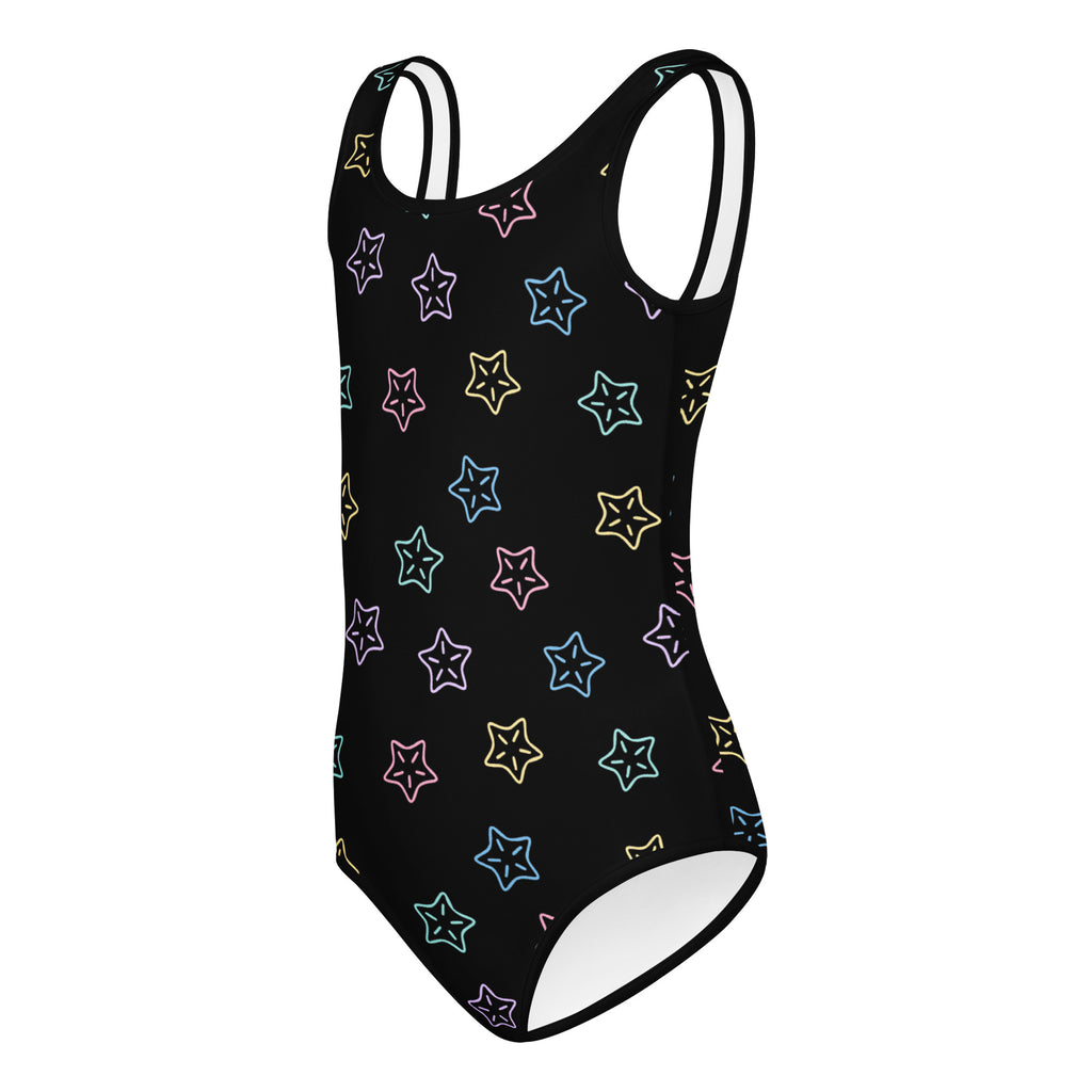 Black girls stars buttery soft leotard with neon pink blue yellow and green star outlines quick drying for dance and gymnastics