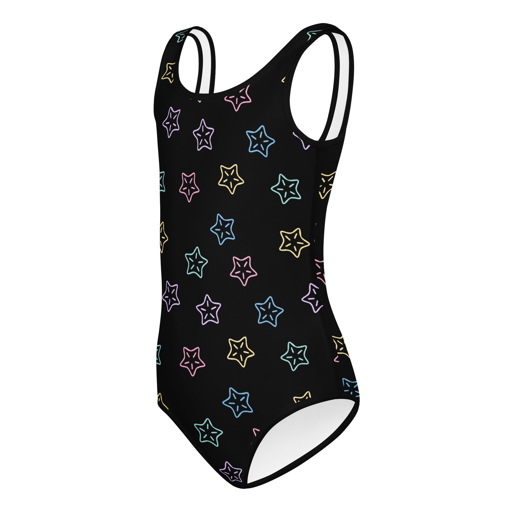 Black girls stars buttery soft leotard with neon pink blue yellow and green star outlines quick drying for dance and gymnastics