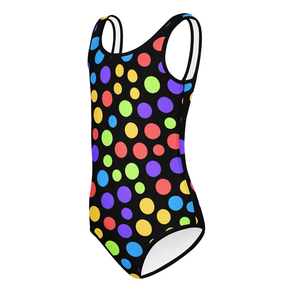 Girls colorful rainbow polka dots black one-piece swimsuit with white trim quick drying soft leotard for dance and gymnastics