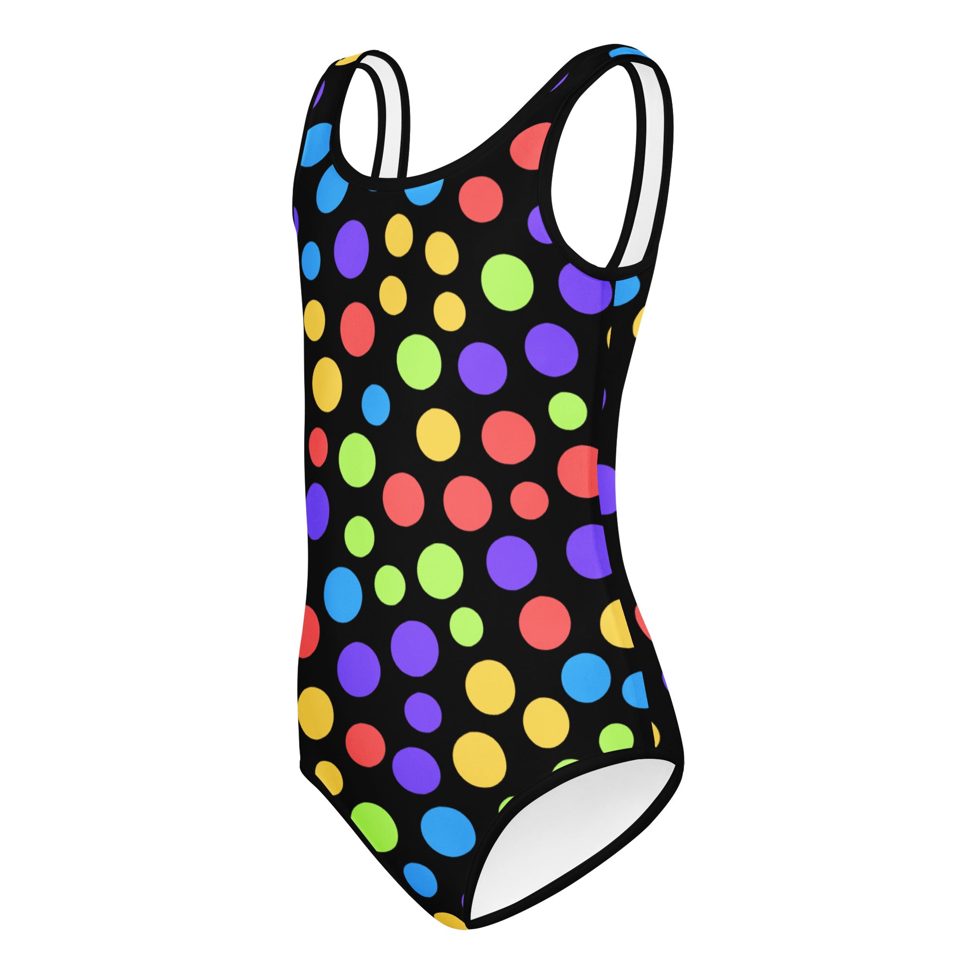 Girls colorful rainbow polka dots black one-piece swimsuit with white trim quick drying soft leotard for dance and gymnastics