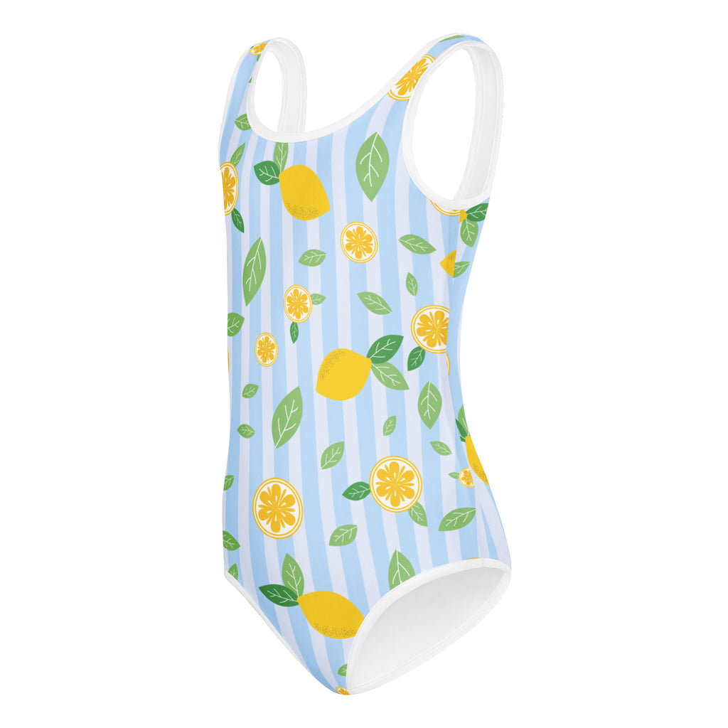 Girls lemon stripe buttery soft leotard in light blue with lemon pattern and white trim for dance and gymnastics