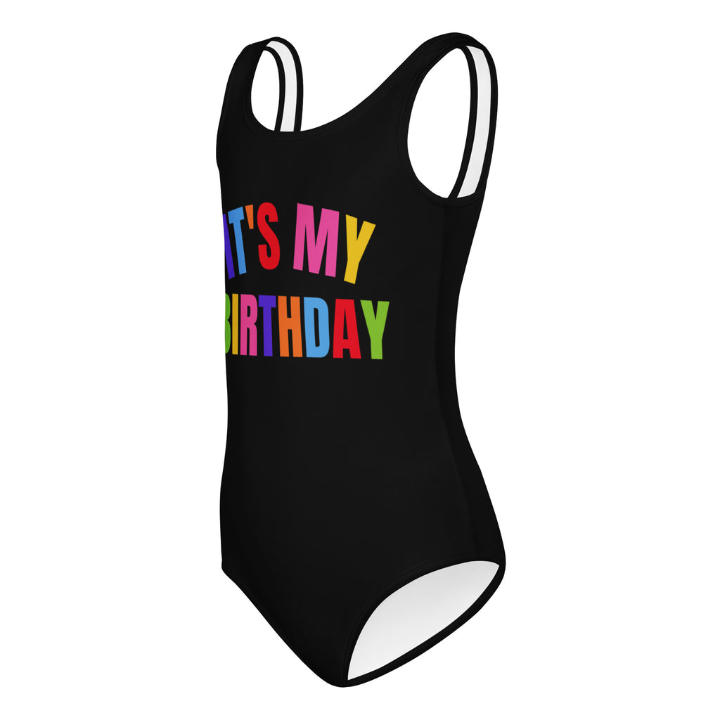 Black girls one-piece buttery soft leotard with white trim and colorful it’s my birthday print, quick drying for dance and gymnastics