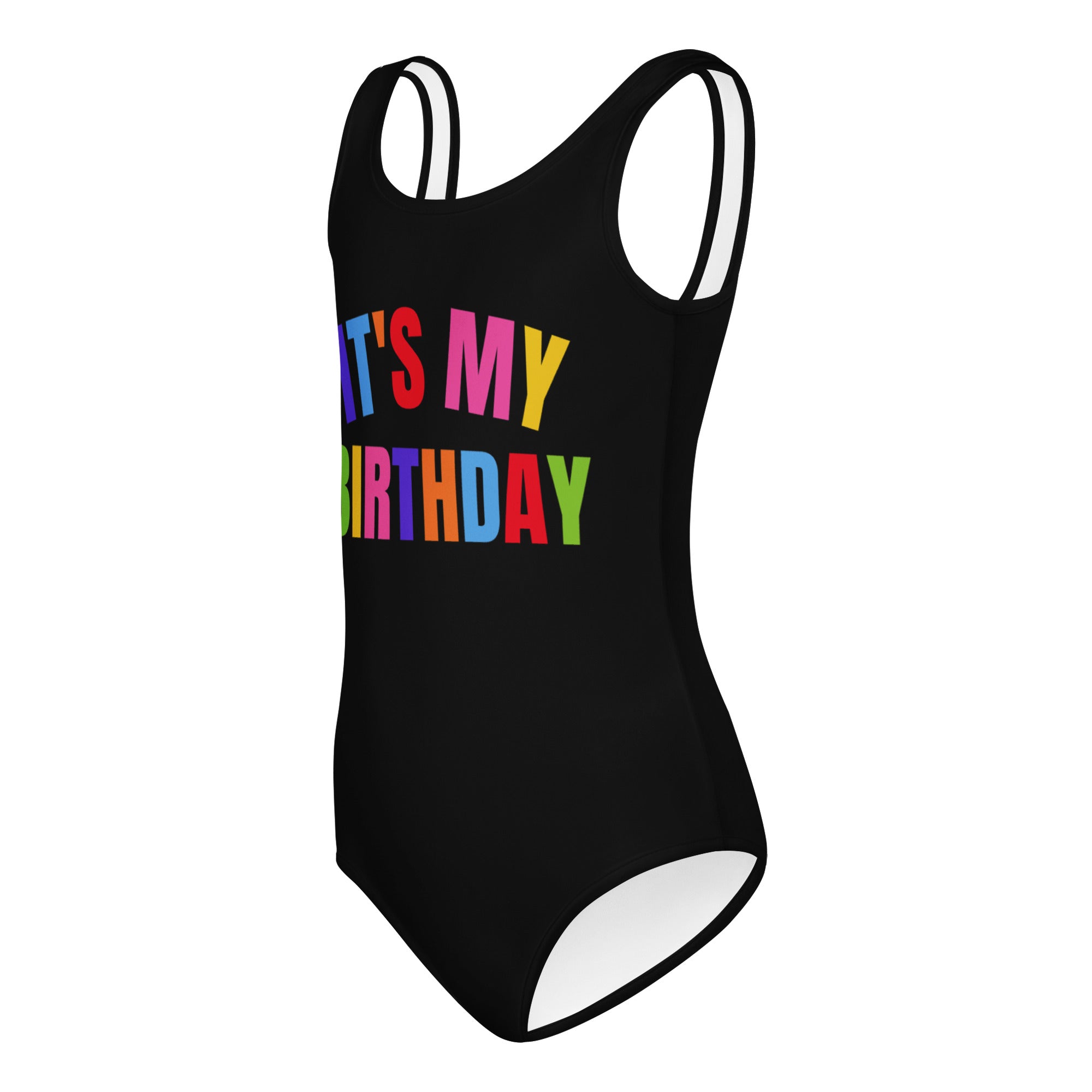 Black girls one-piece buttery soft leotard with white trim and colorful it’s my birthday print, quick drying for dance and gymnastics