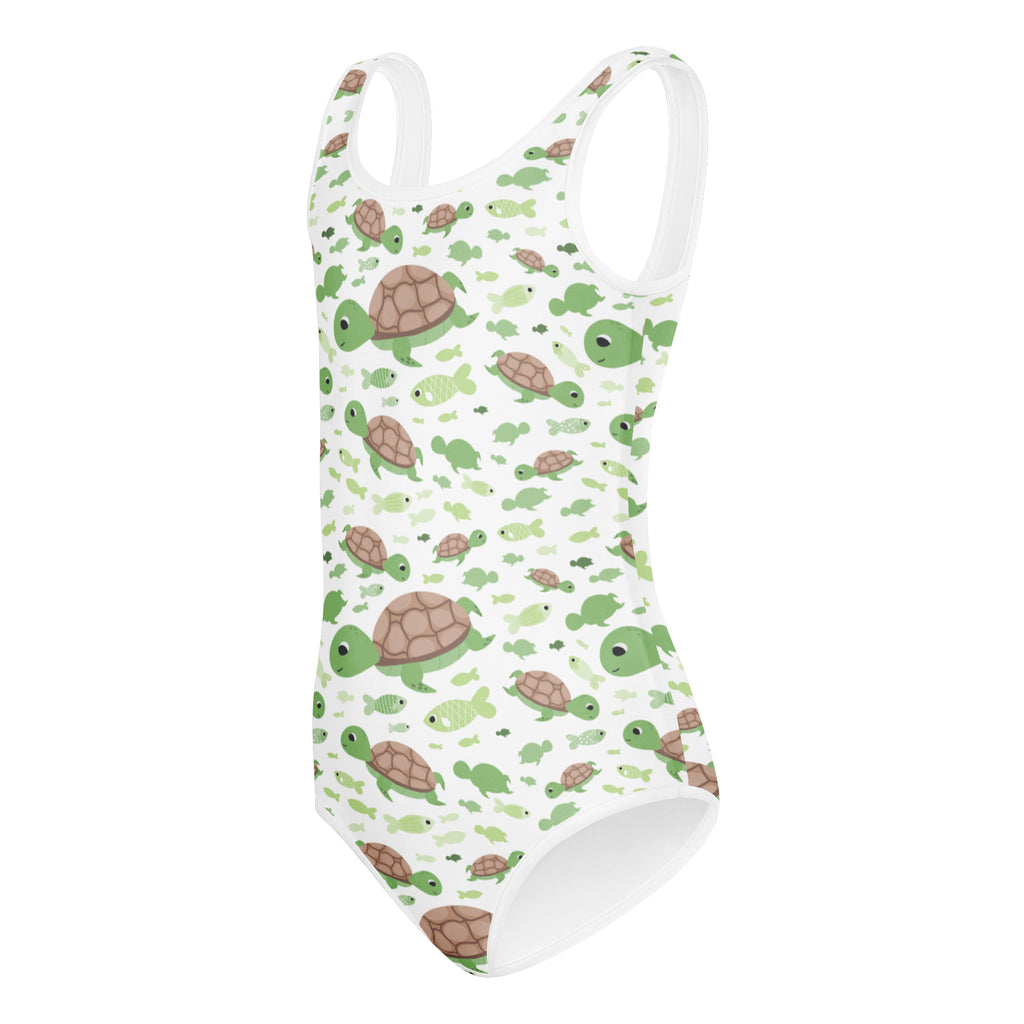 Girls green turtle buttery soft one-piece swimsuit with quick drying fabric featuring cartoon turtles and fish pattern