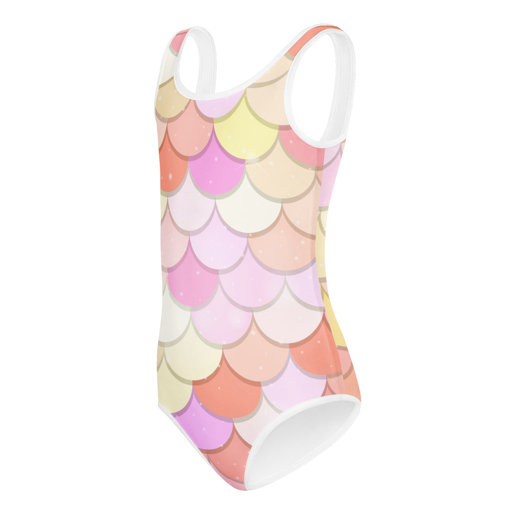 Girls pink mermaid scale patterned buttery soft quick drying leotard with white trim for dance and gymnastics
