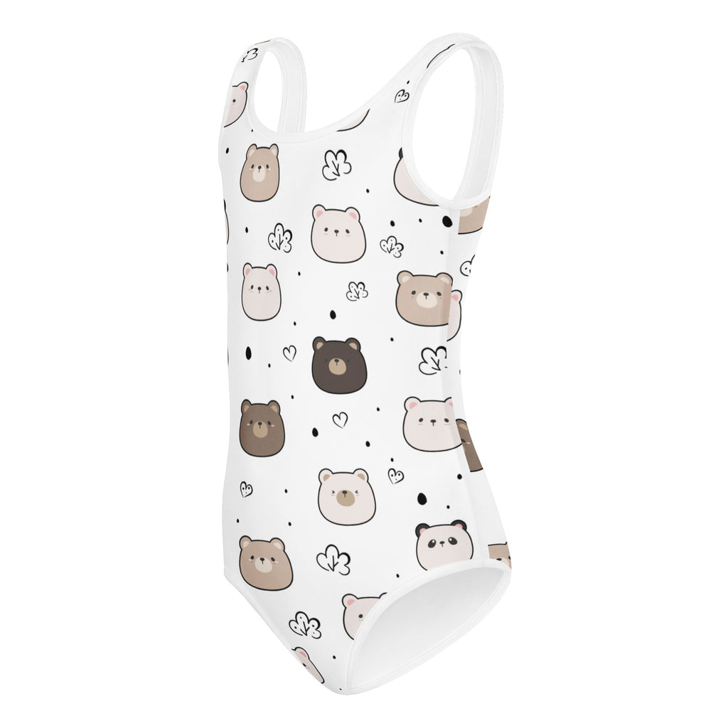 White one-piece swimsuit with cute brown bear faces and hearts pattern quick-drying for dance and gymnastics