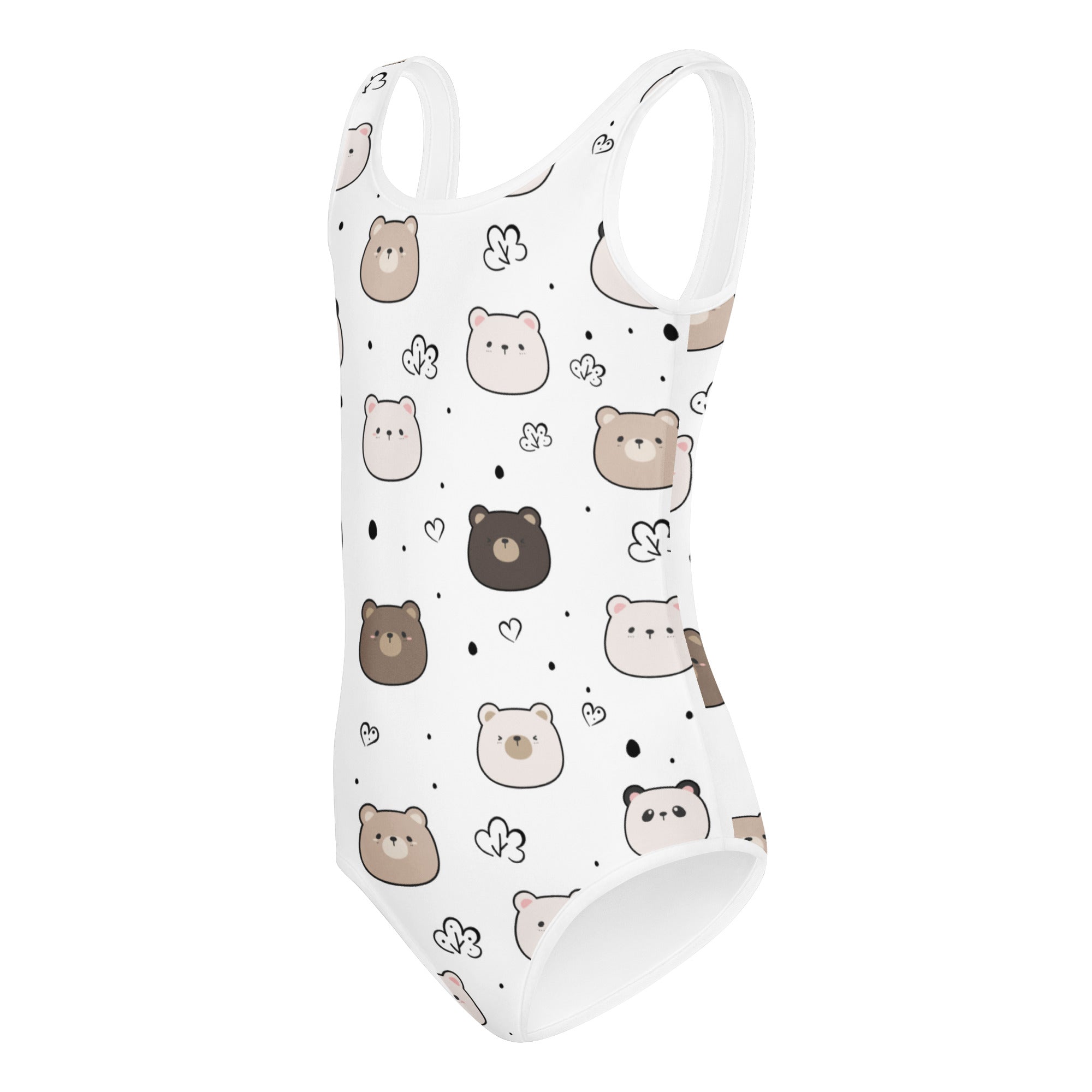 White one-piece swimsuit with cute brown bear faces and hearts pattern quick-drying for dance and gymnastics