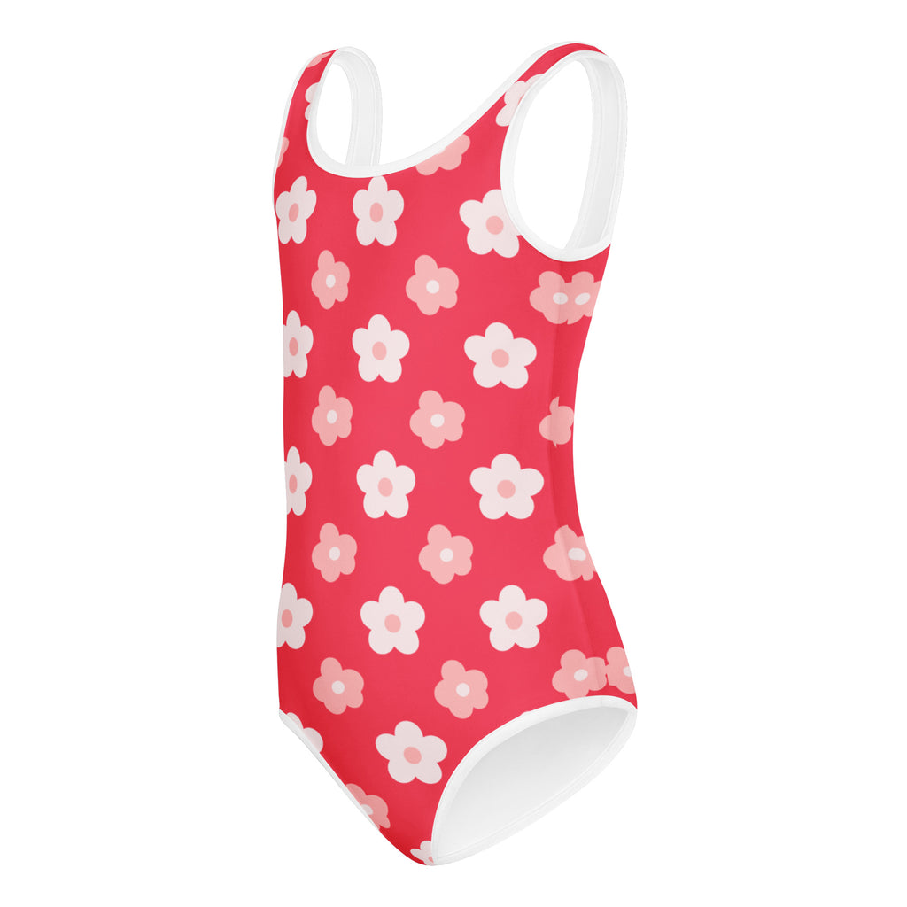 Girls pink retro flower buttery soft one-piece swimsuit with white trim quick drying for dance and gymnastics