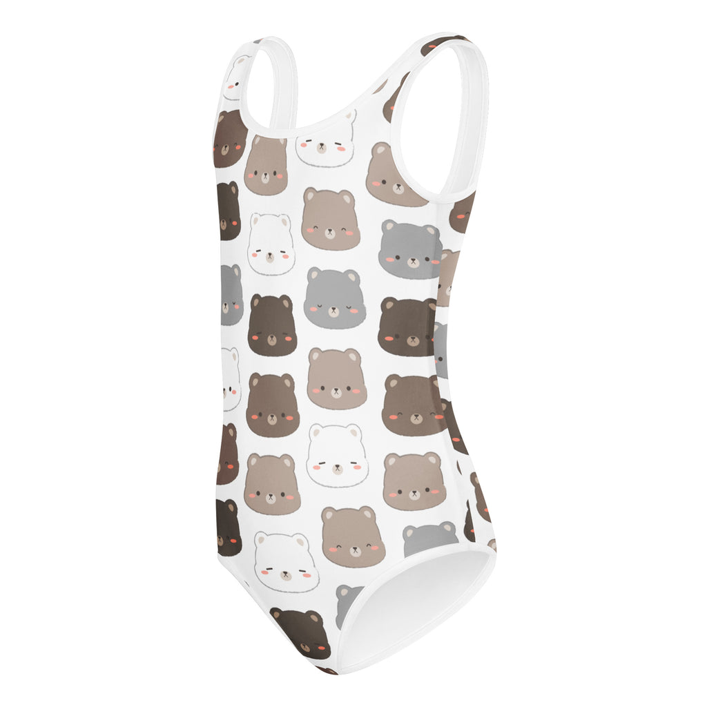 White one-piece swimsuit with soft buttery fabric featuring playful brown gray and white cartoon bears for dance and gymnastics