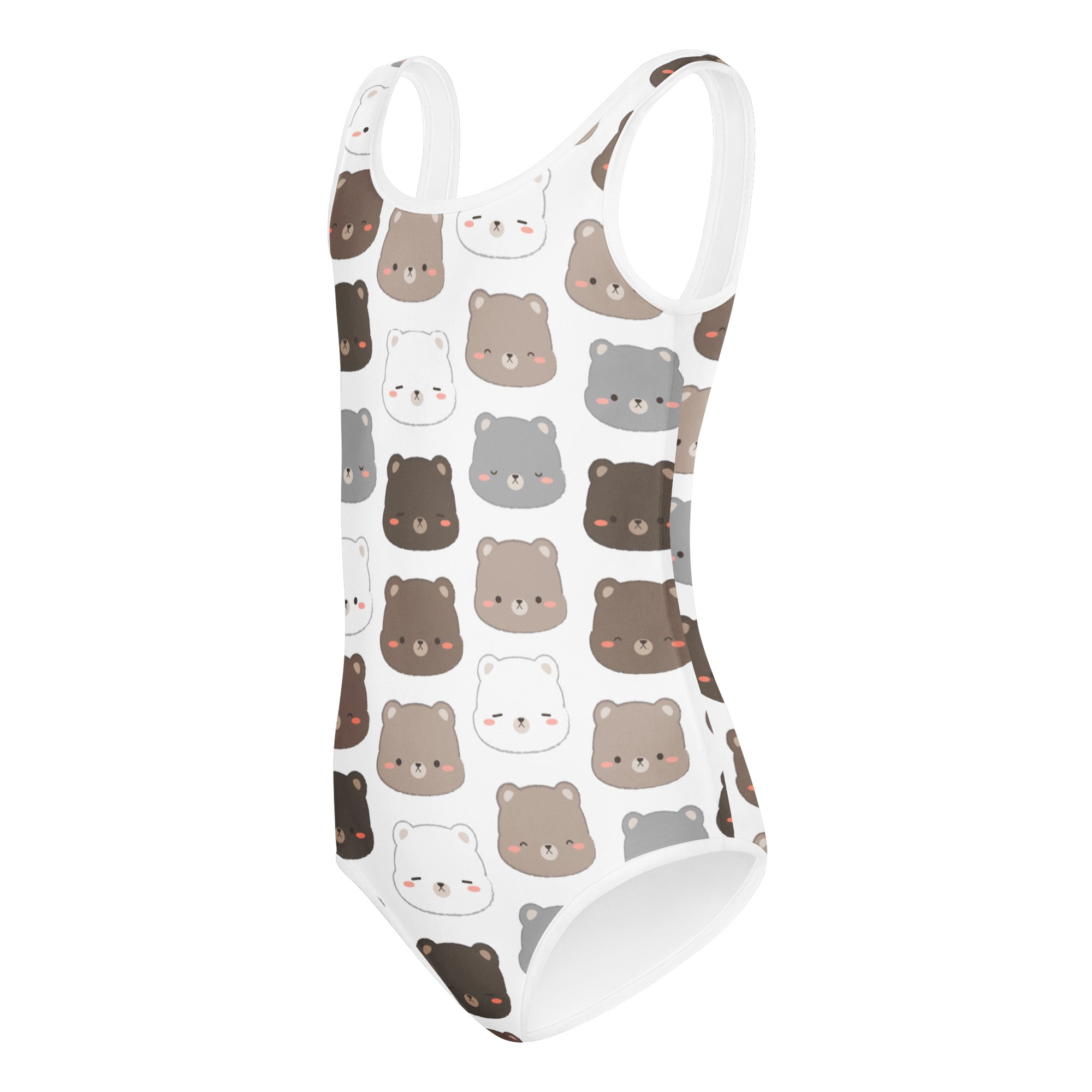 White one-piece swimsuit with soft buttery fabric featuring playful brown gray and white cartoon bears for dance and gymnastics