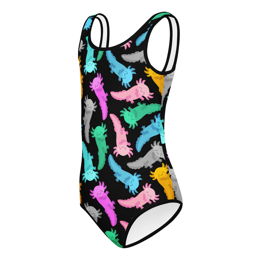 Girls colorful axolotl black one-piece buttery soft quick drying leotard for dance and gymnastics with playful pattern
