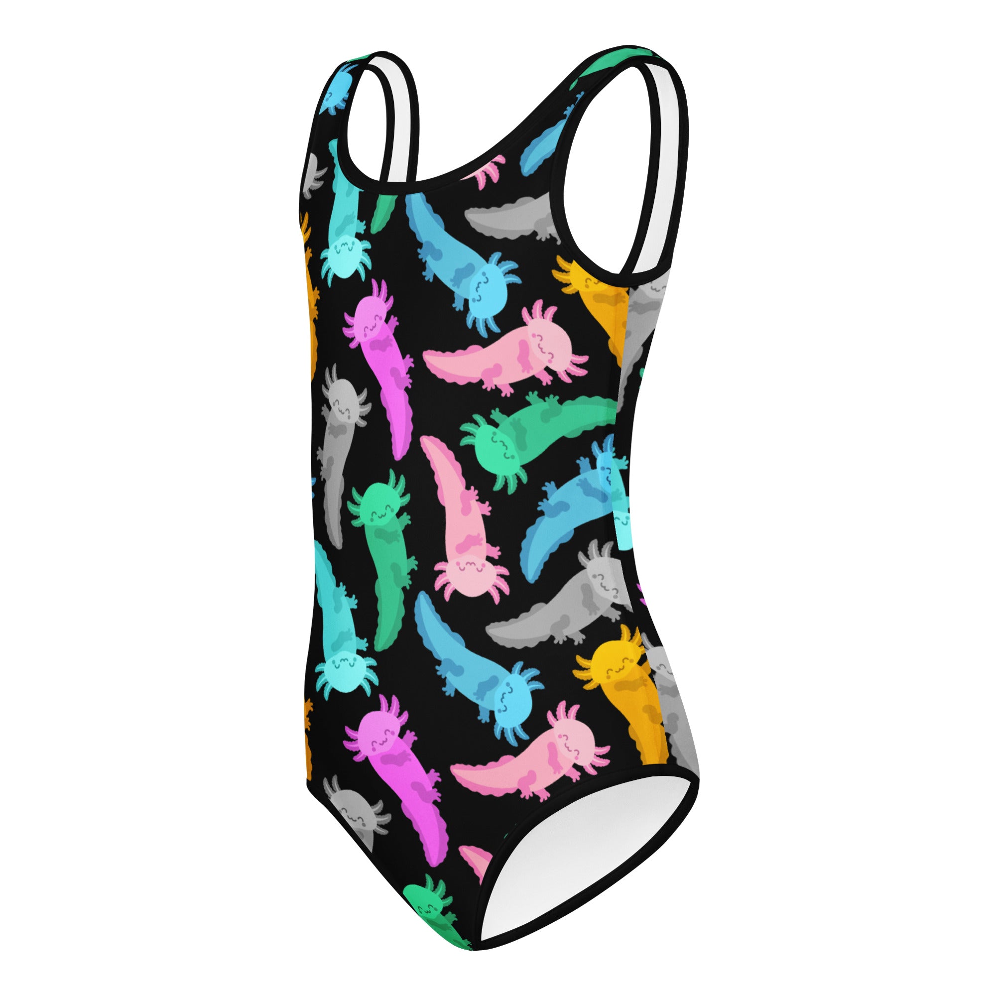 Girls colorful axolotl black one-piece buttery soft quick drying leotard for dance and gymnastics with playful pattern