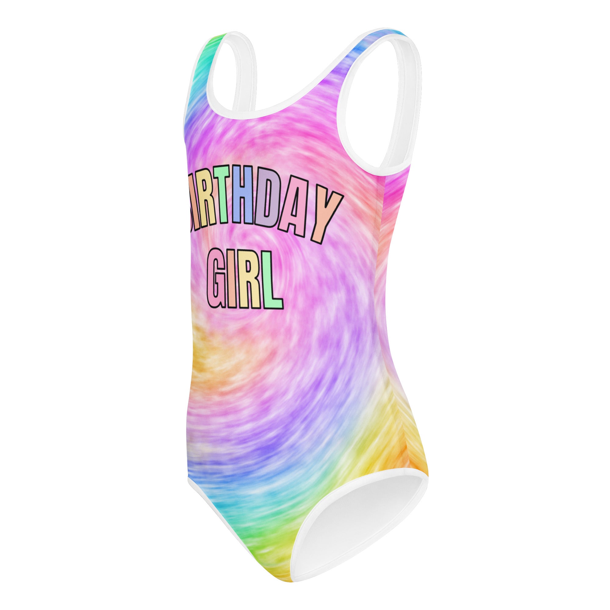 A vibrant rainbow tie dye buttery soft birthday girl leotard with colorful outlined letters for dance and gymnastics