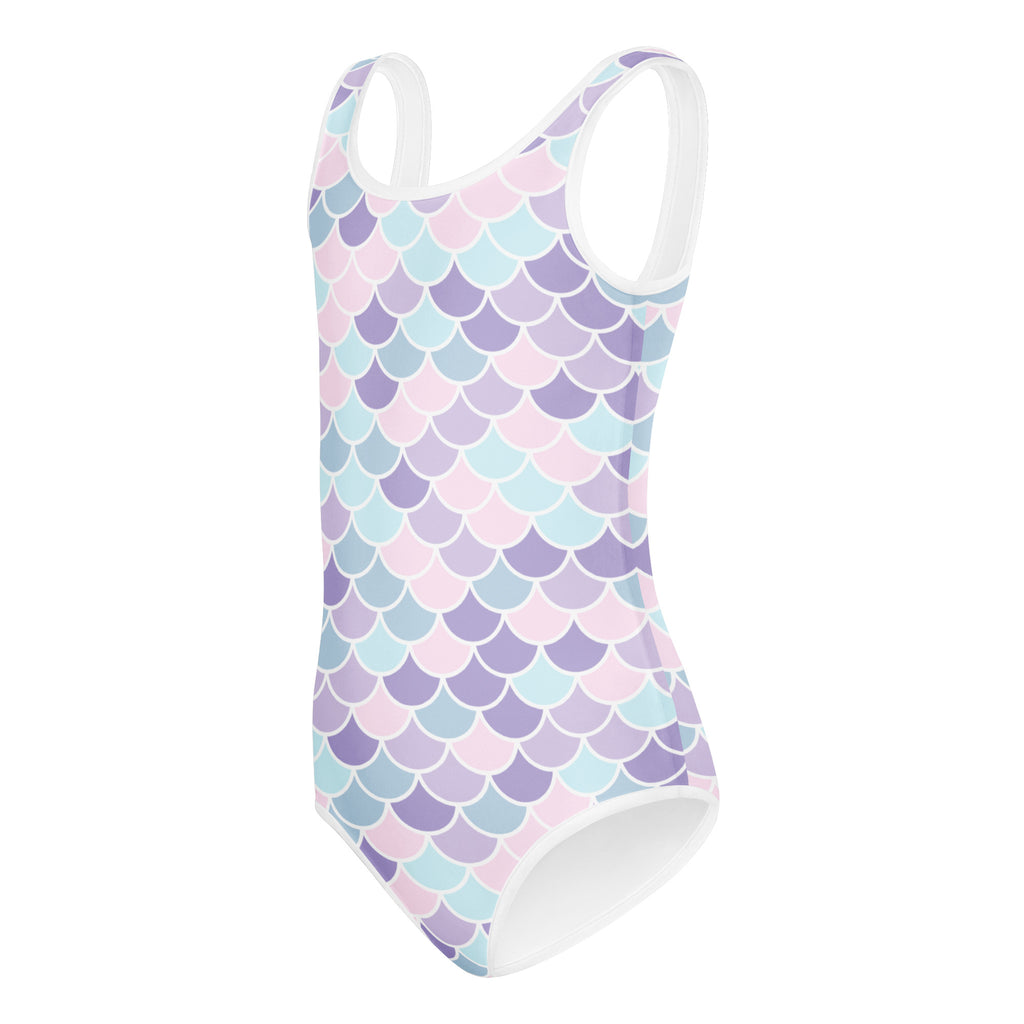 Girls mermaid buttery soft leotard in pastel mermaid-scale pattern with white trim for dance and gymnastics
