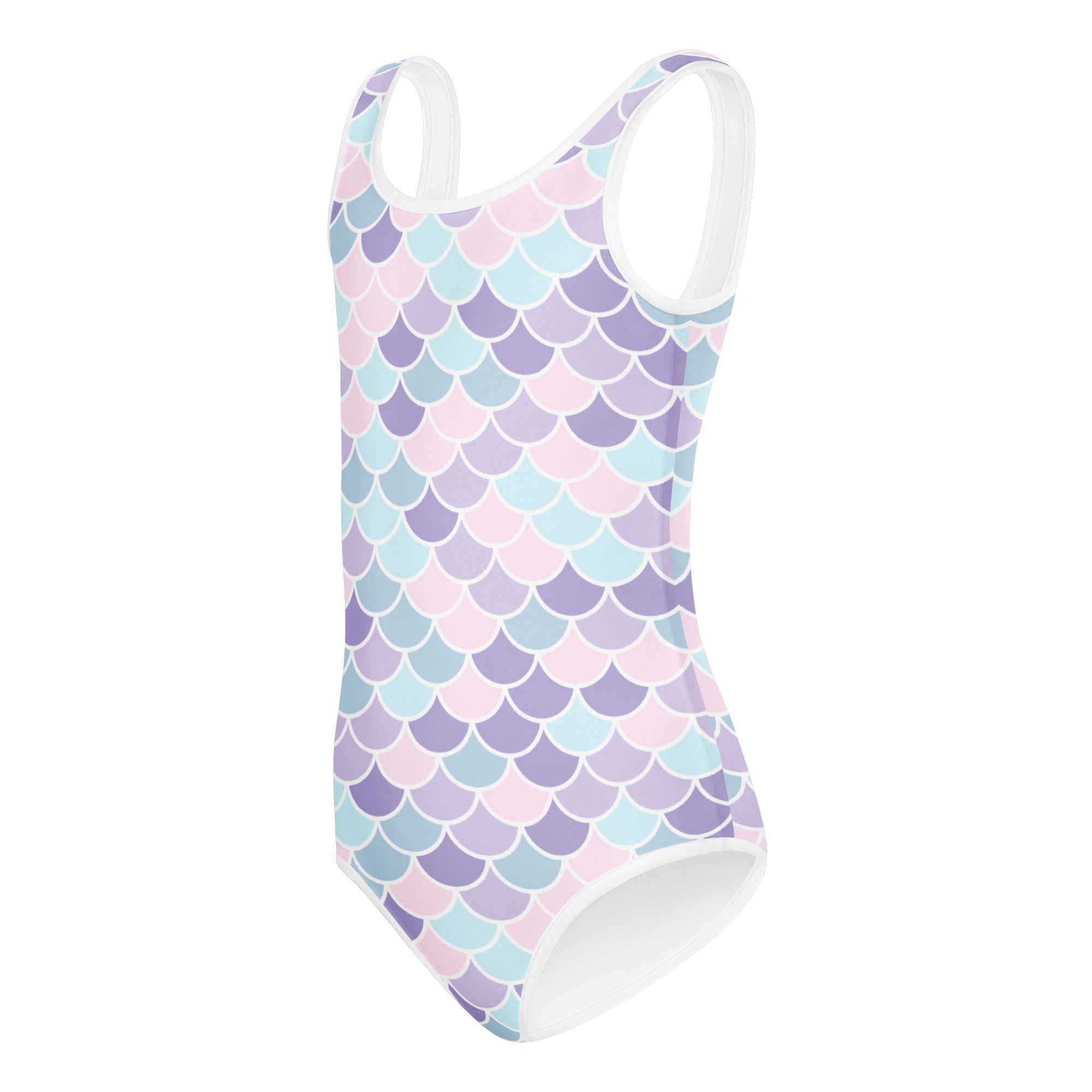 Girls mermaid buttery soft leotard in pastel mermaid-scale pattern with white trim for dance and gymnastics