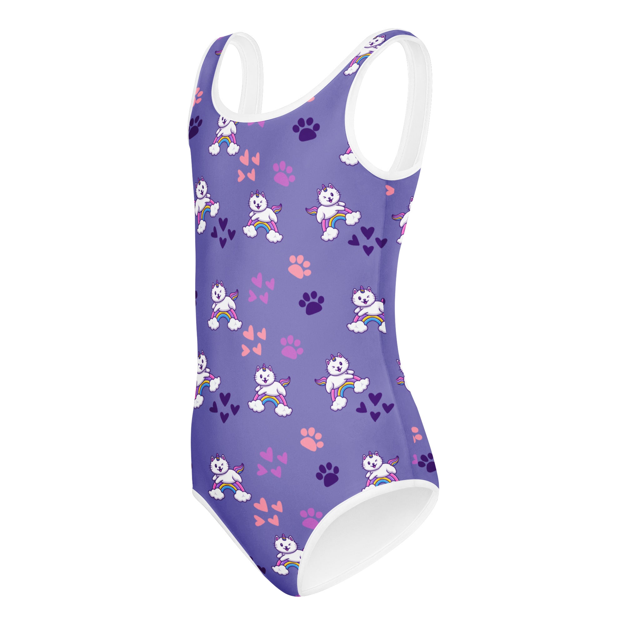 Girls purple caticorn buttery soft one-piece swimsuit with white trim and playful unicorn and rainbow pattern for dance and gymnastics