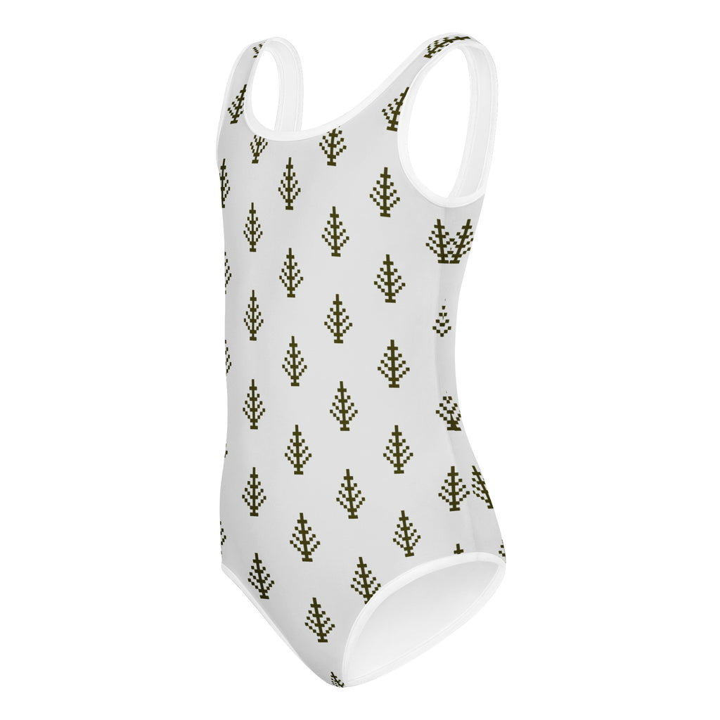 White one-piece girls leotard with olive green pixelated tree pattern buttery soft quick drying for dance and gymnastics